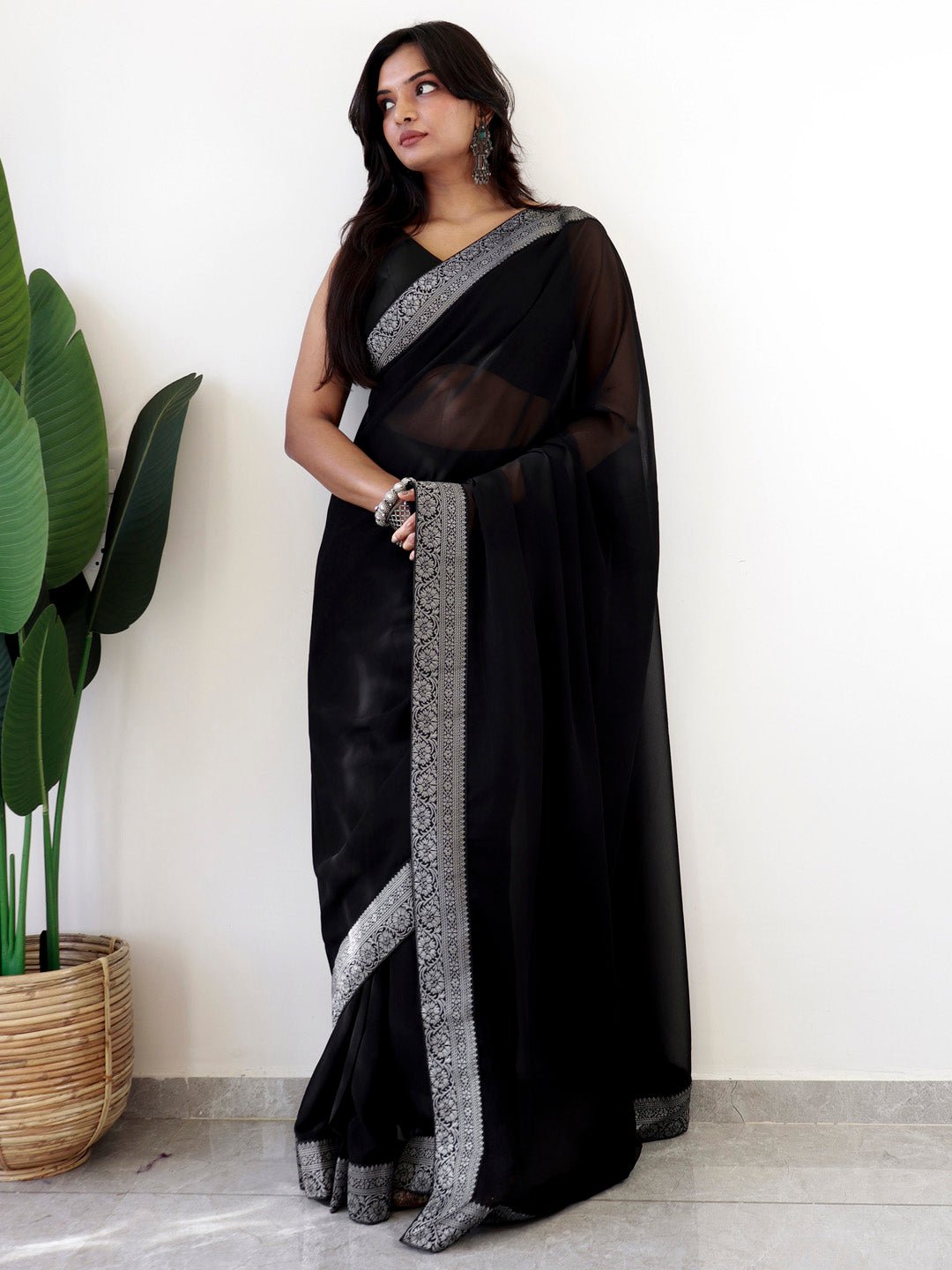 Ready to Wear Black Georgette Solid Saree - Ressa