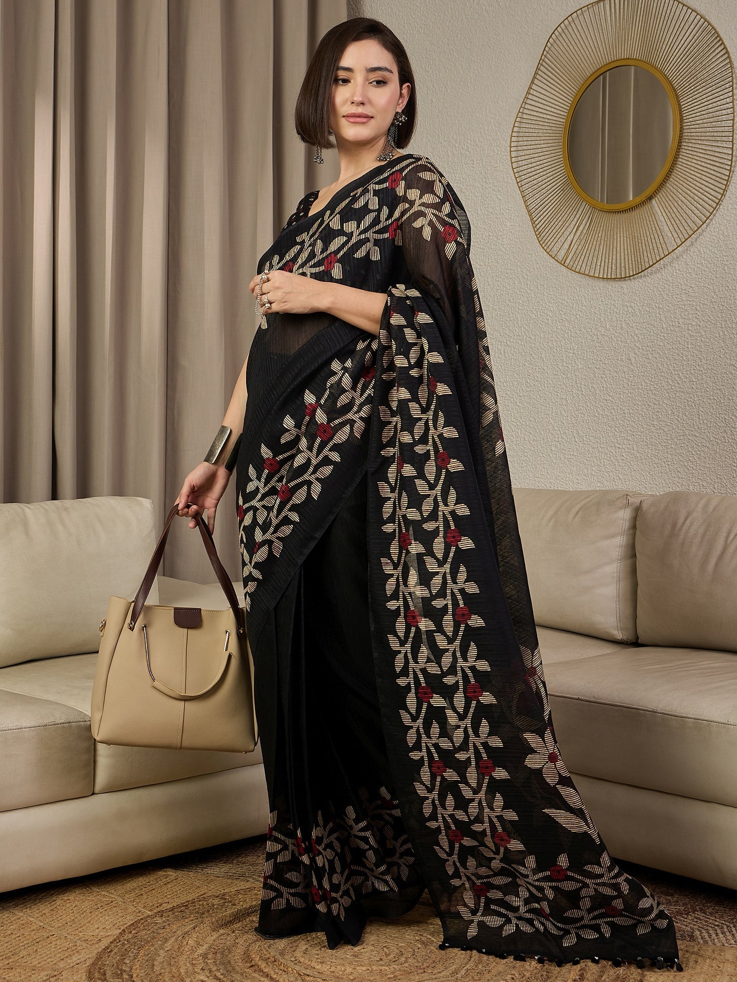 Ready to Wear Black Jamdani Cotton Silk Saree - Ressa
