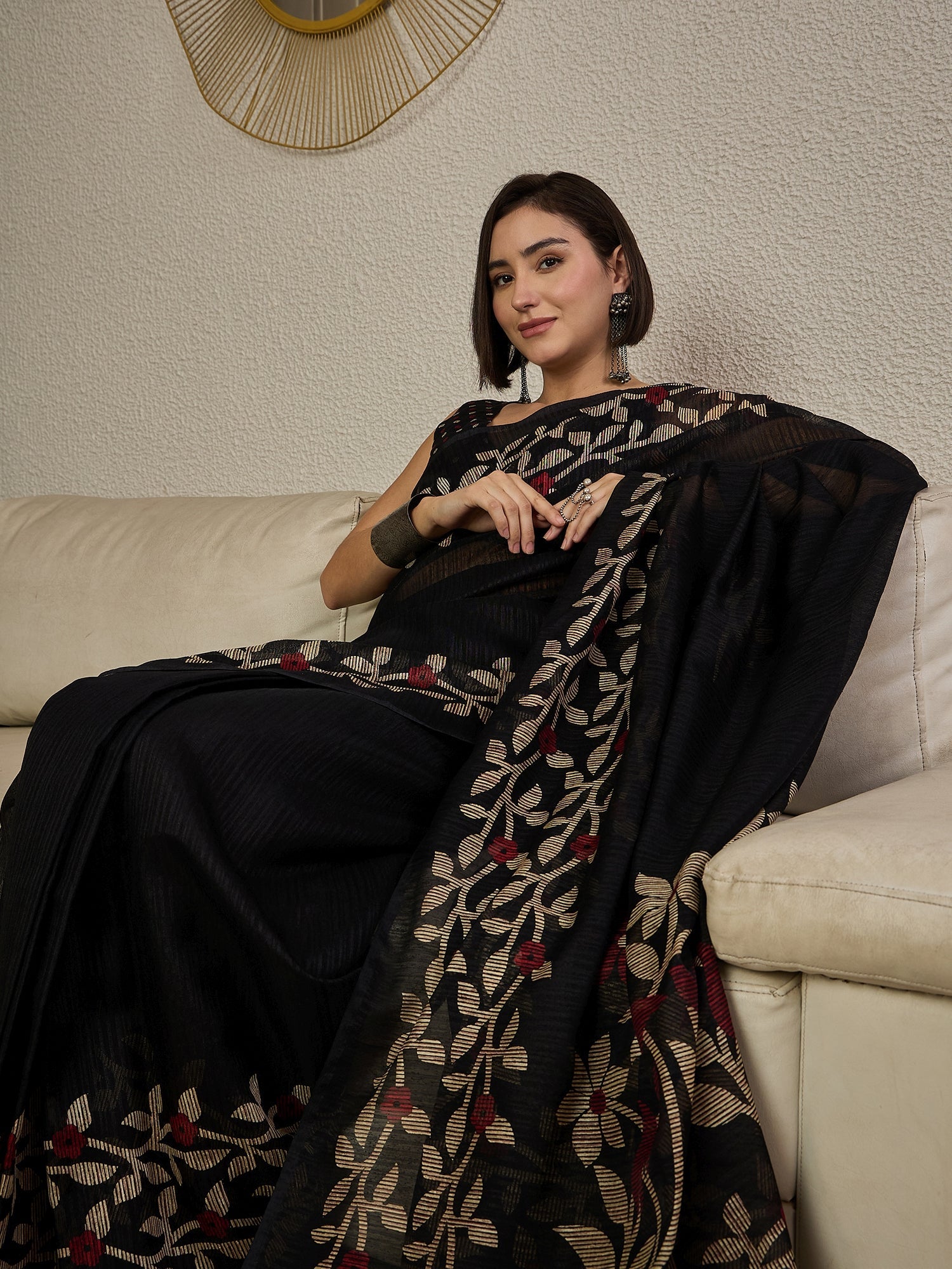 Ready to Wear Black Jamdani Cotton Silk Saree - Ressa