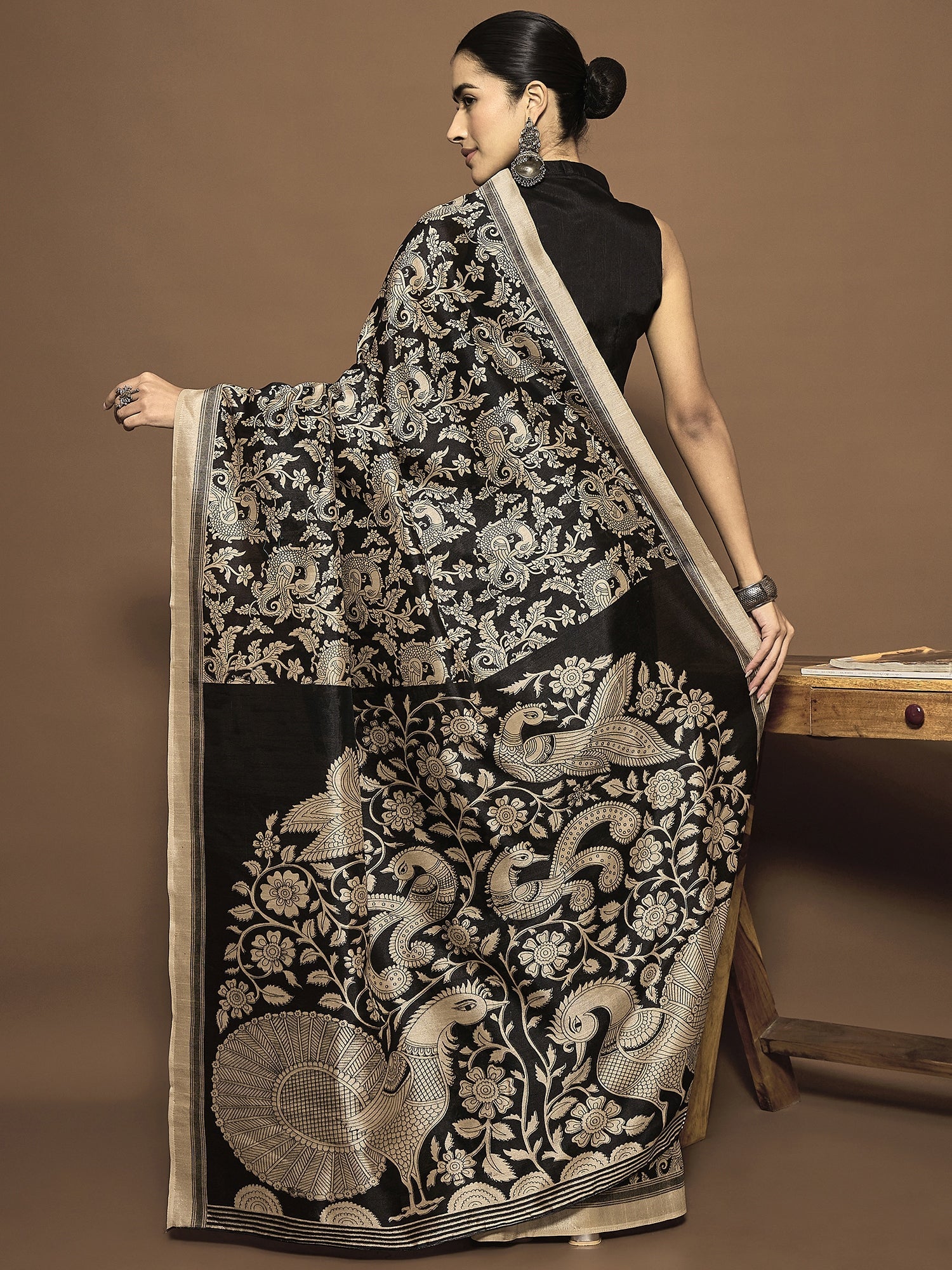 Ready to Wear Black Kalamkari Print Bhagalpuri Silk Saree - Ressa