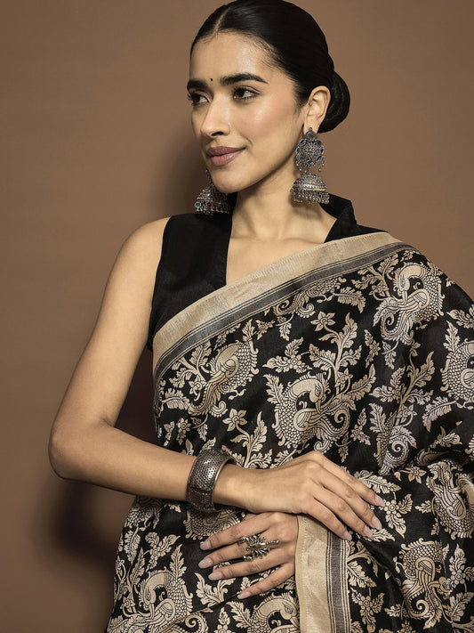 Ready to Wear Black Kalamkari Print Bhagalpuri Silk Saree - Ressa