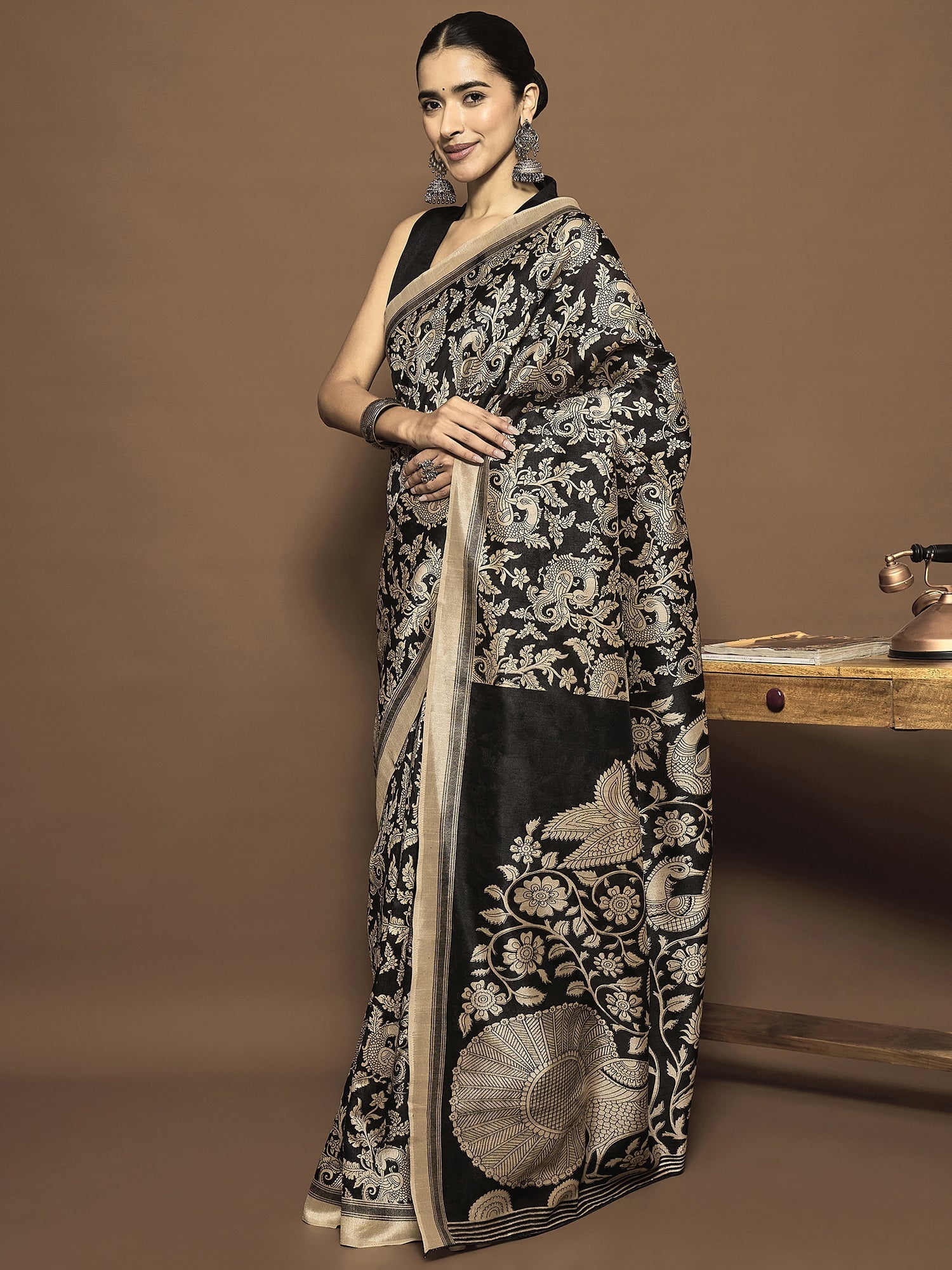 Ready to Wear Black Kalamkari Print Bhagalpuri Silk Saree - Ressa