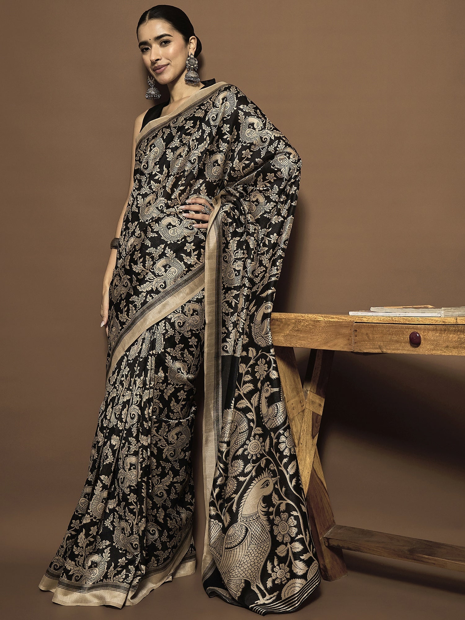 Ready to Wear Black Kalamkari Print Bhagalpuri Silk Saree - Ressa