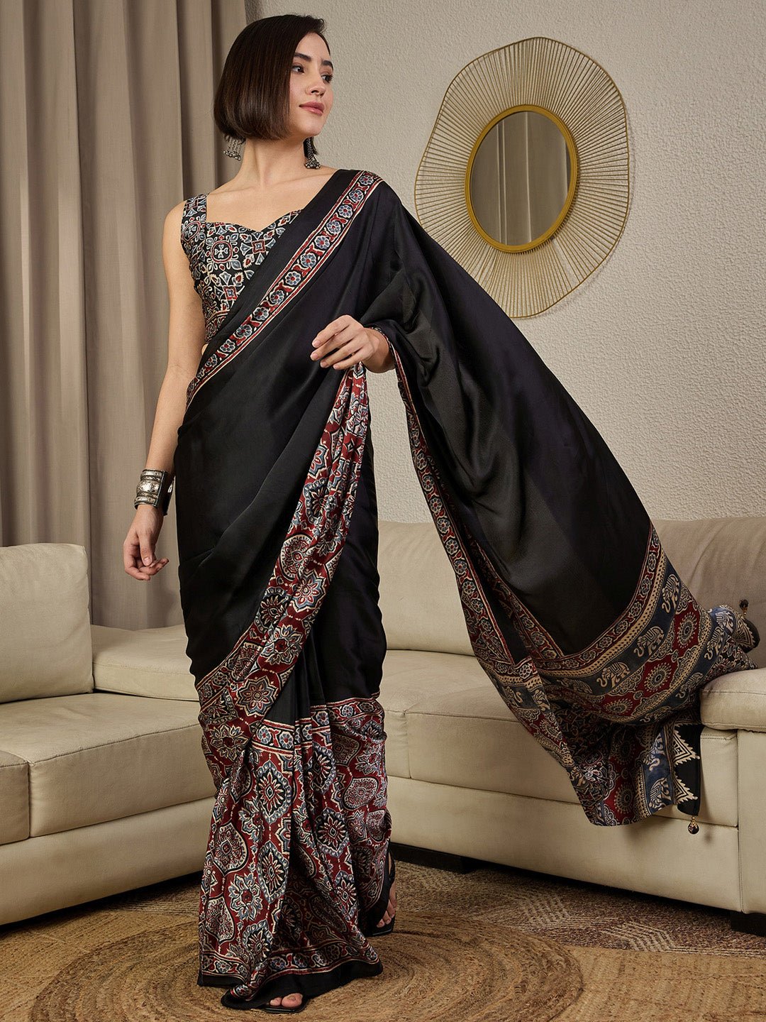 Ready To Wear Black Satin Ajrak Print Saree - Ressa