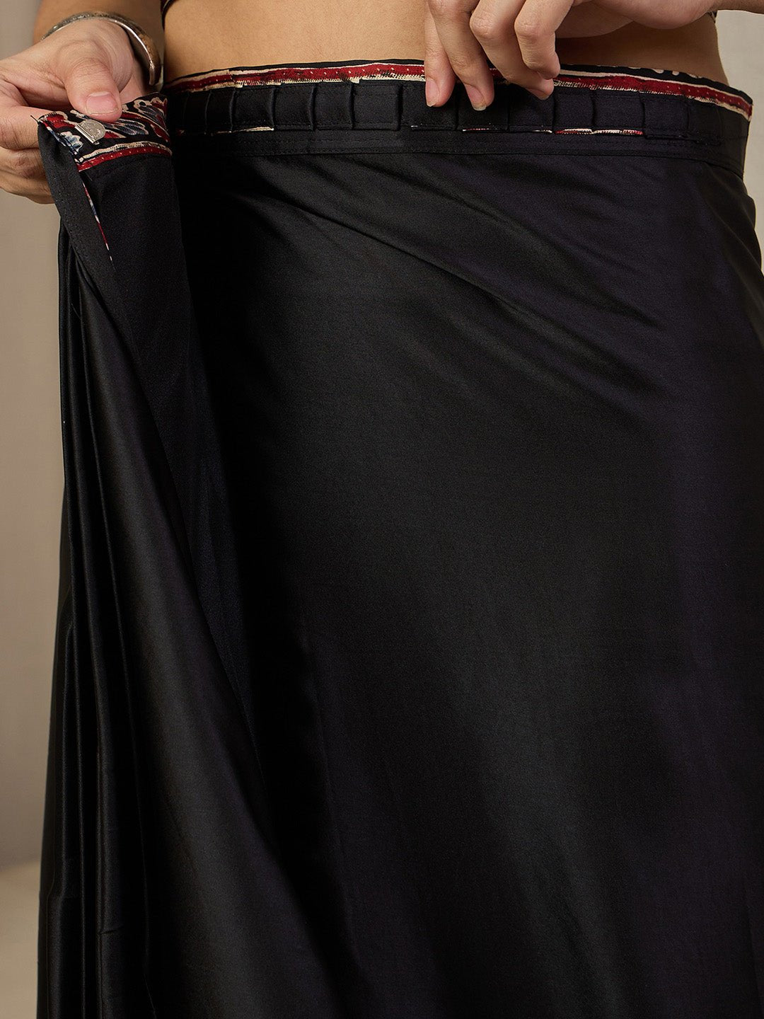 Ready To Wear Black Satin Ajrak Print Saree - Ressa