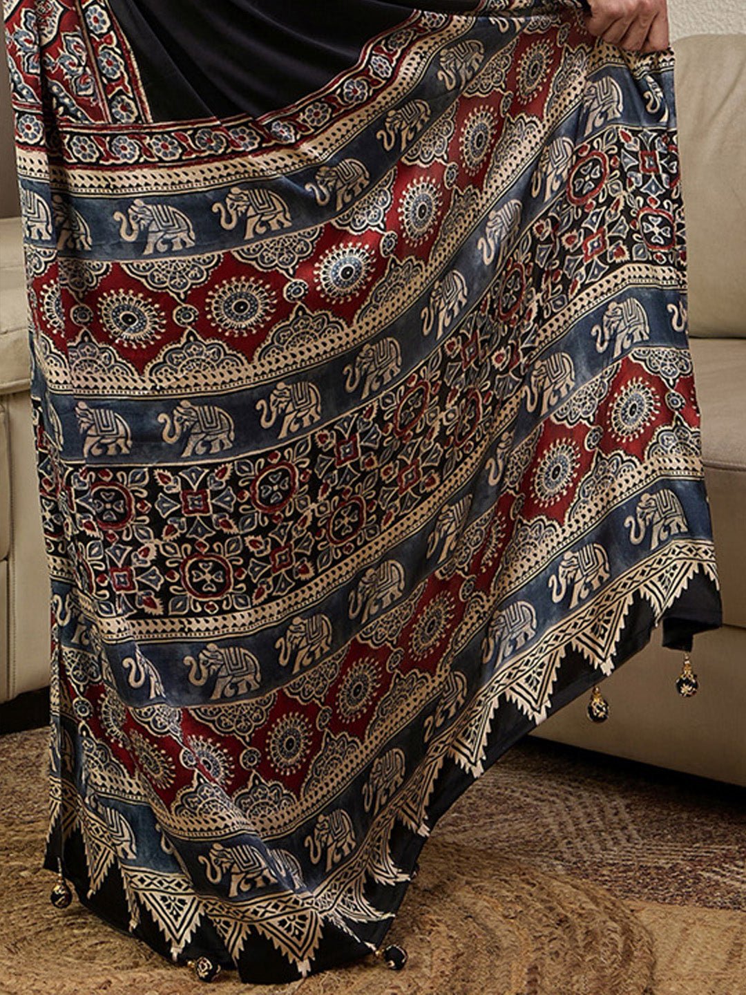 Ready To Wear Black Satin Ajrak Print Saree - Ressa