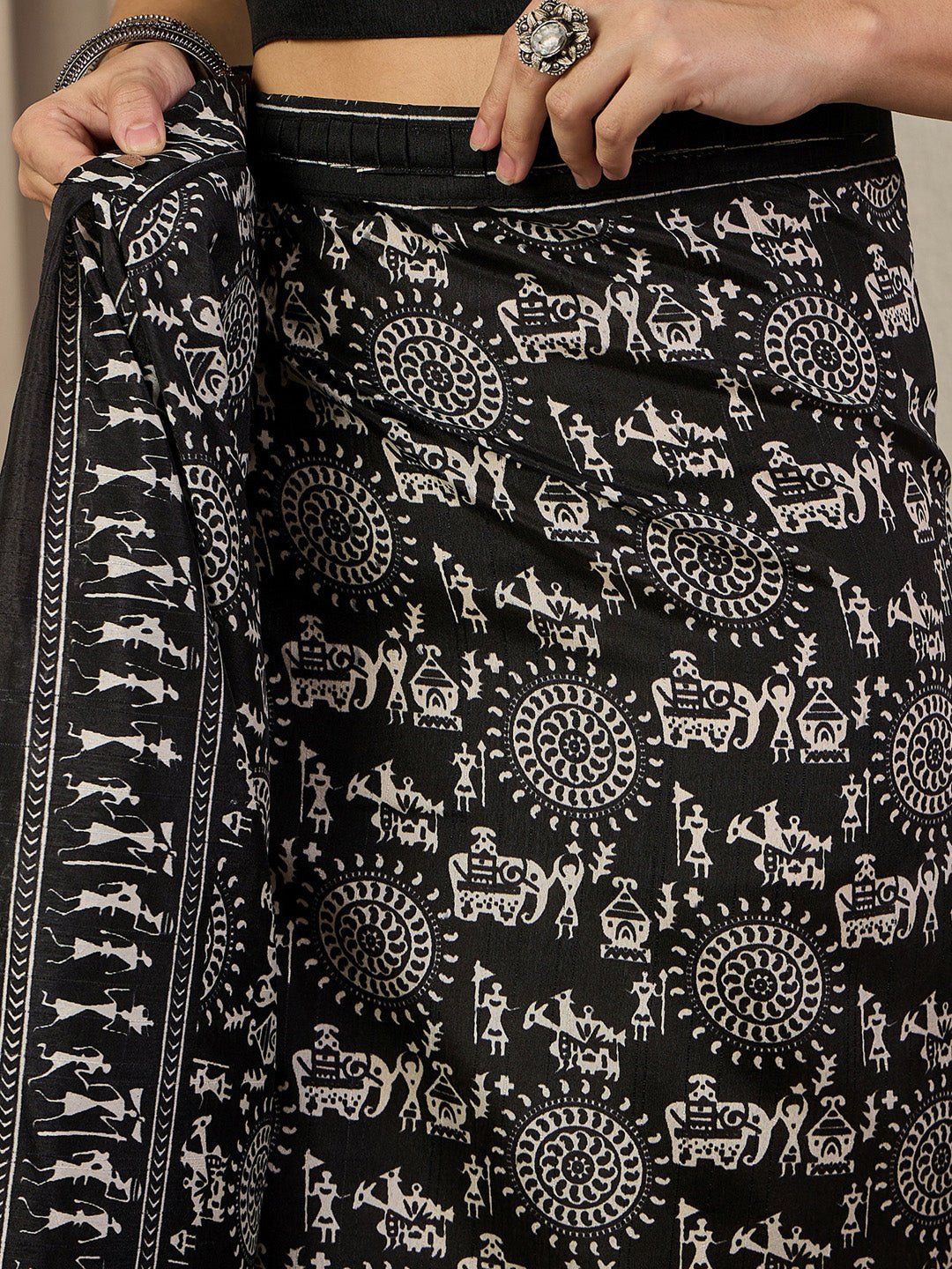 Ready to Wear Black Warli Printed Bhagalpuri Saree - Ressa