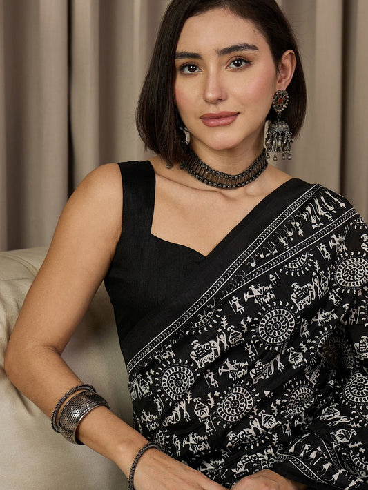 Ready to Wear Black Warli Printed Bhagalpuri Saree - Ressa
