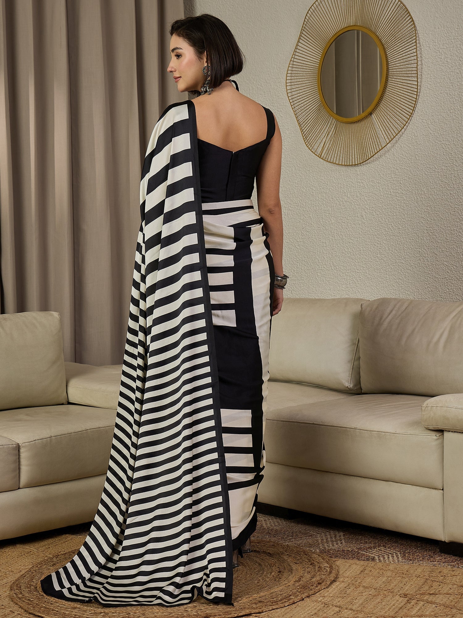 Ready to Wear Black & White Striped Saree - Ressa