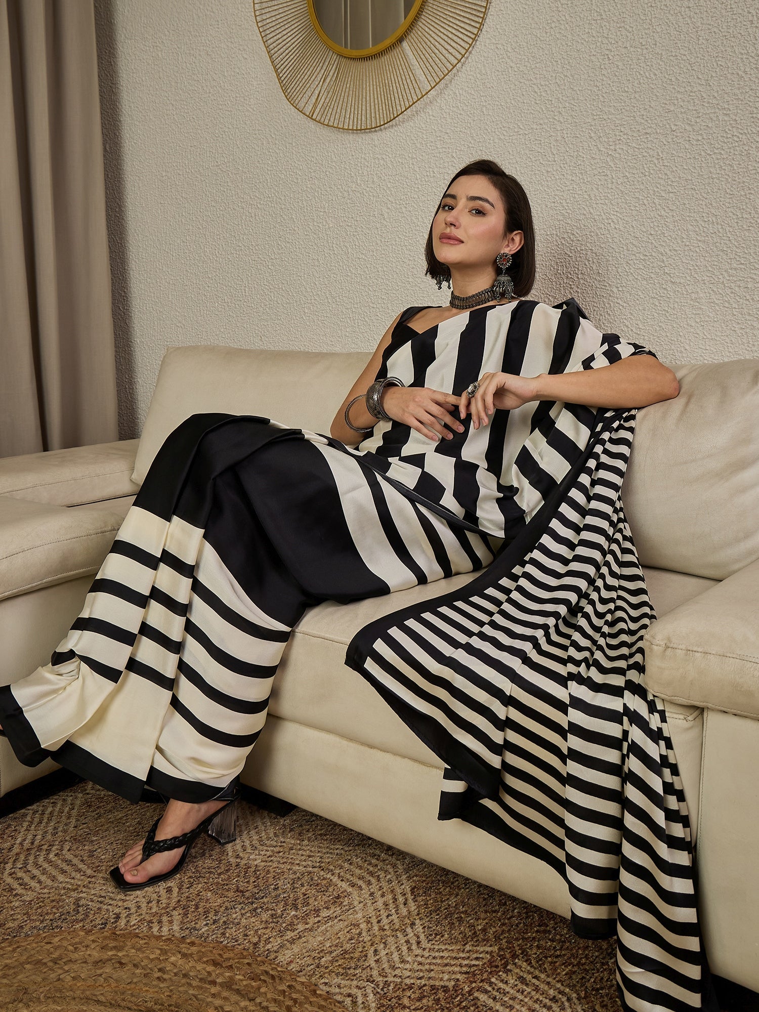 Ready to Wear Black & White Striped Saree - Ressa