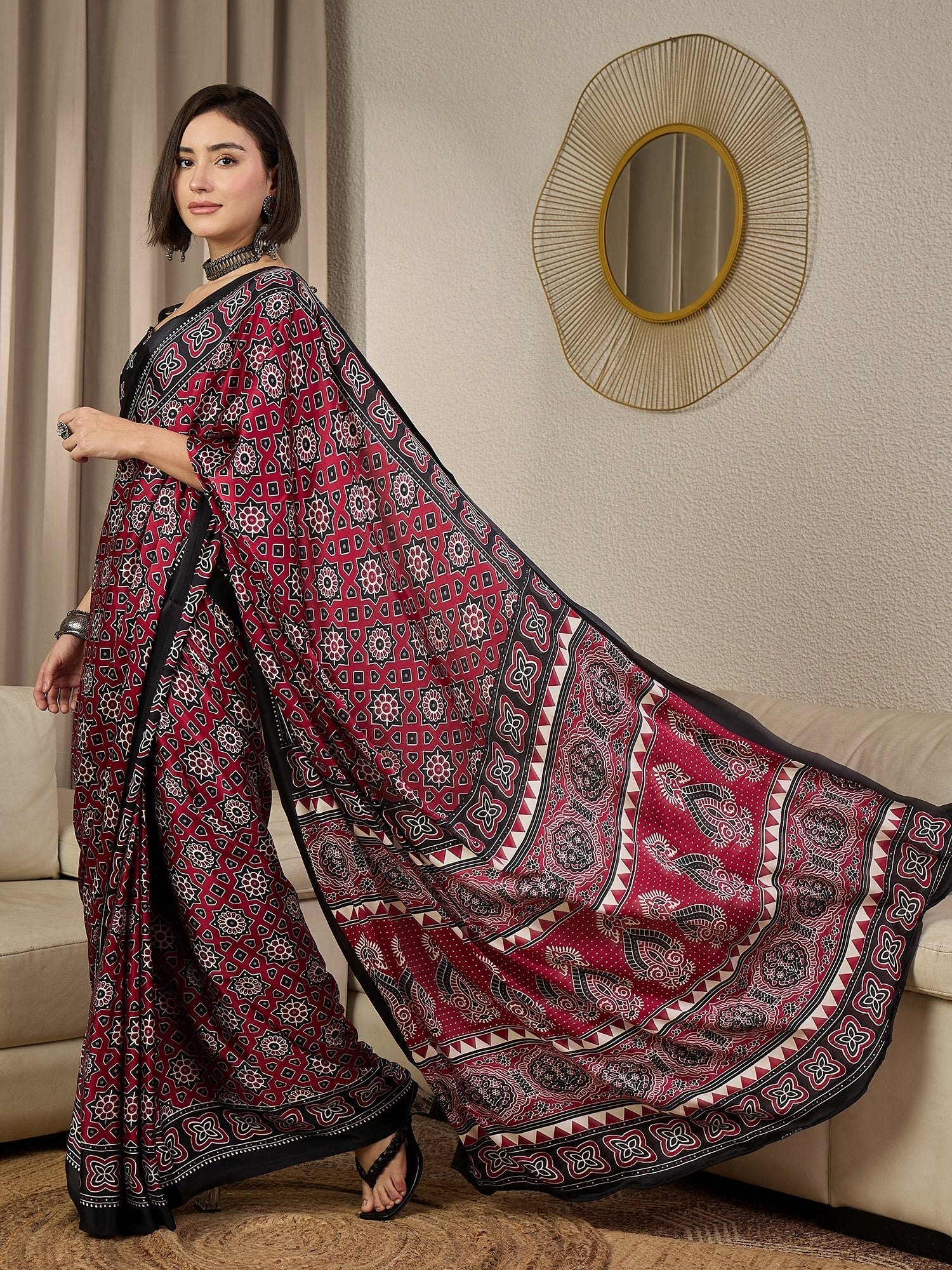 Ready to Wear Burgundy Ajrakh Block Print Saree - Ressa