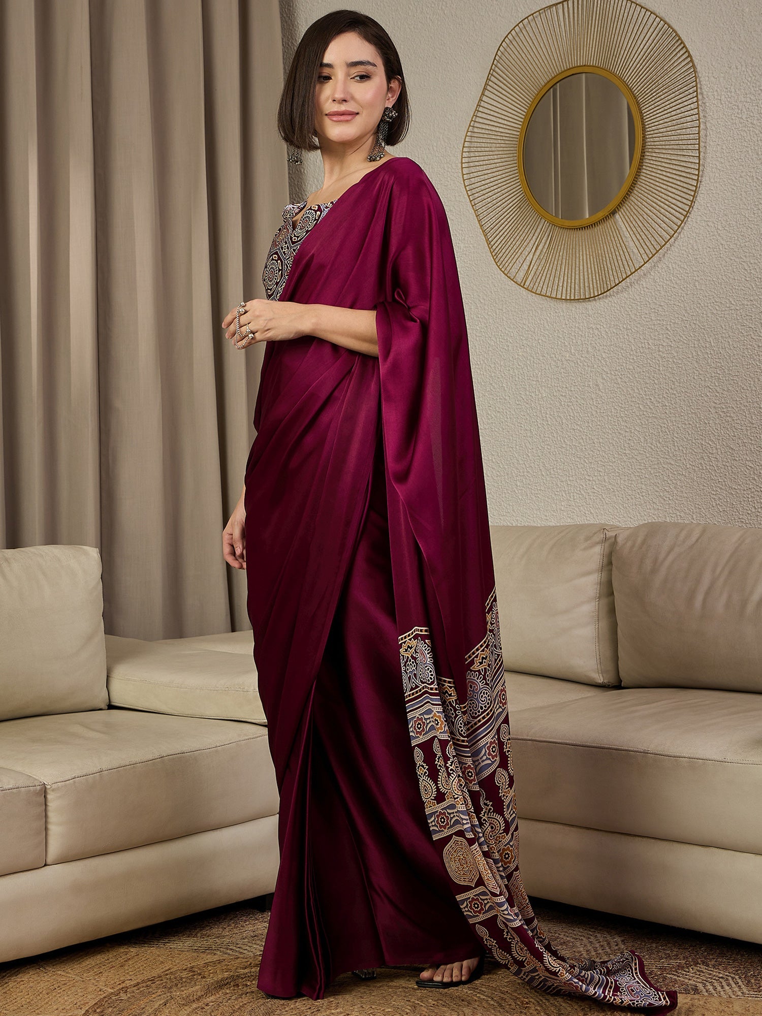 Ready to Wear Burgundy Ajrakh Print Satin Saree - Ressa