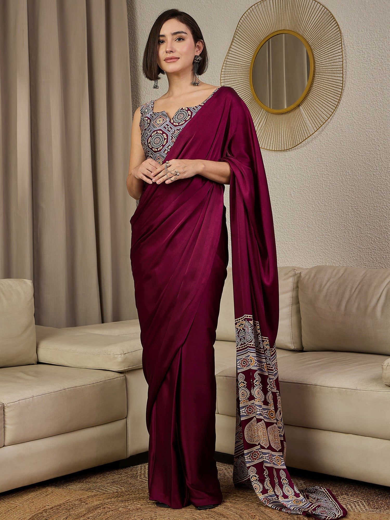 Ready to Wear Burgundy Ajrakh Print Satin Saree - Ressa