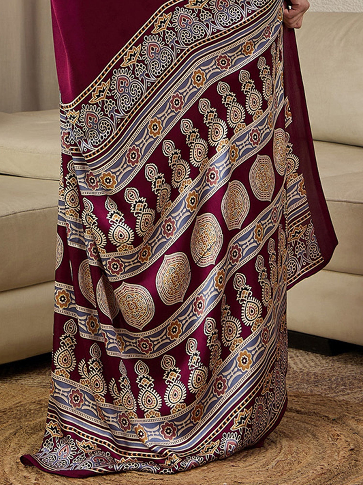 Ready to Wear Burgundy Ajrakh Print Satin Saree - Ressa