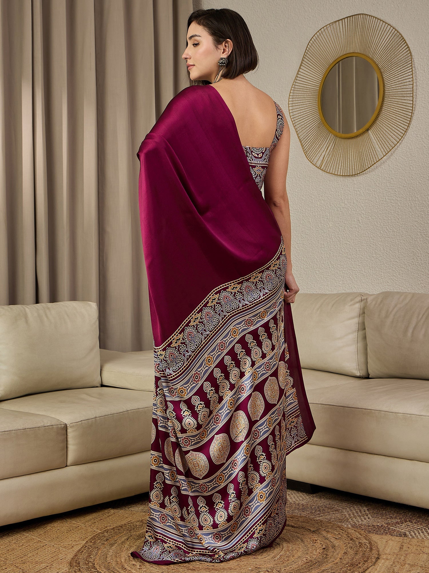 Ready to Wear Burgundy Ajrakh Print Satin Saree - Ressa