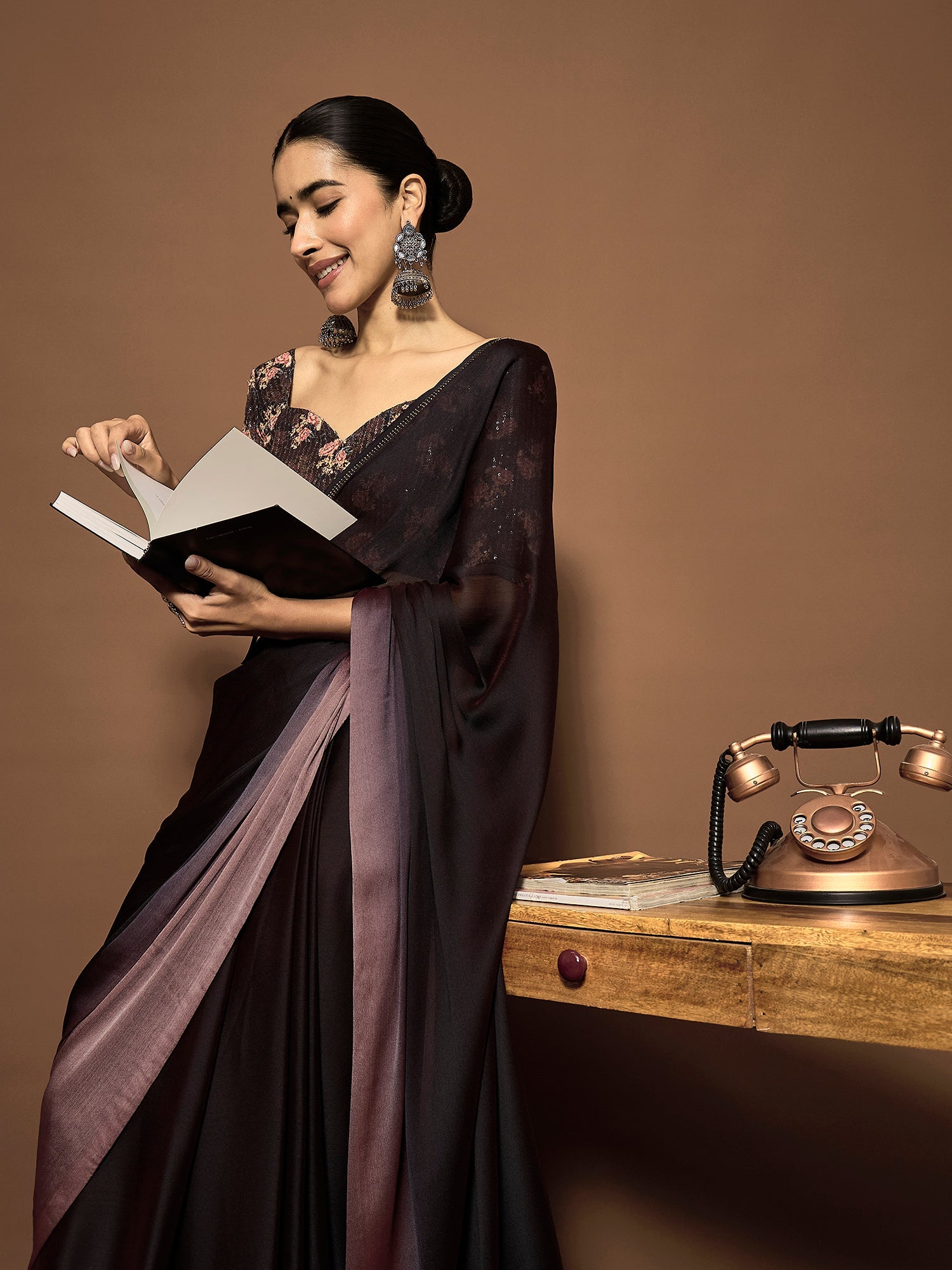 Ready to Wear Coffee and Mauve Chiffon Saree - Ressa
