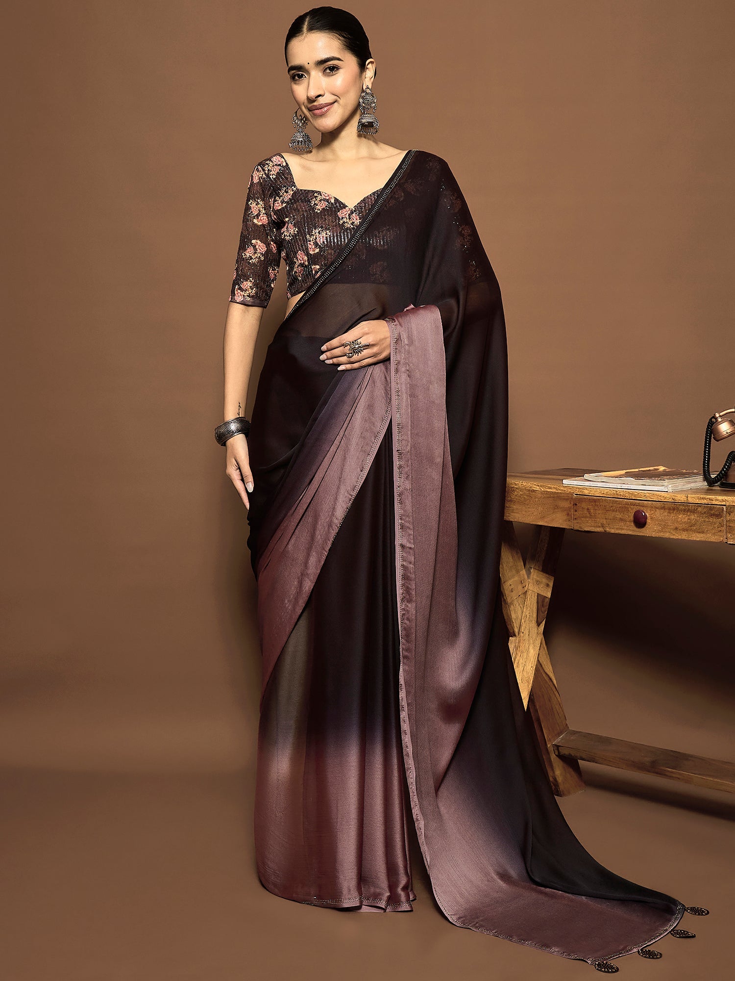 Ready to Wear Coffee and Mauve Chiffon Saree - Ressa