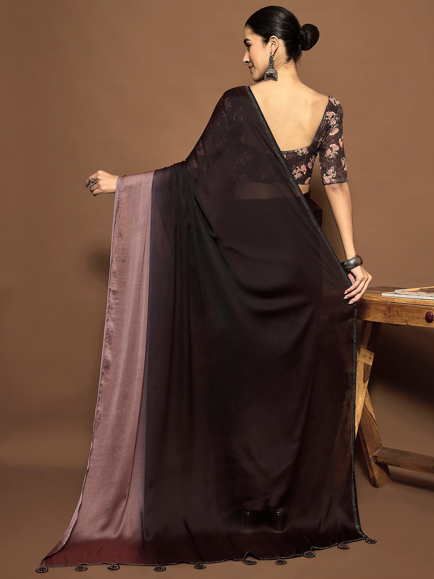 Ready to Wear Coffee and Mauve Chiffon Saree - Ressa