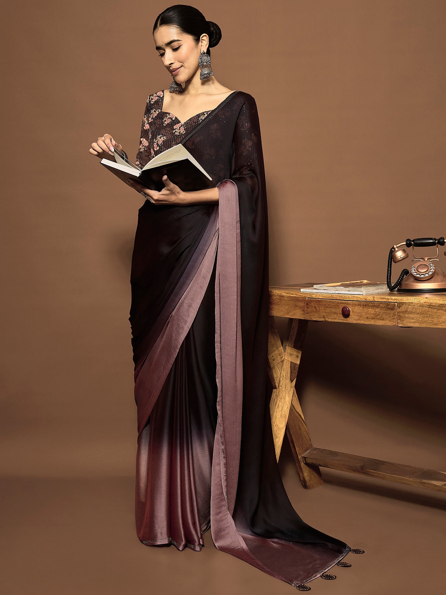 Ready to Wear Coffee and Mauve Chiffon Saree - Ressa