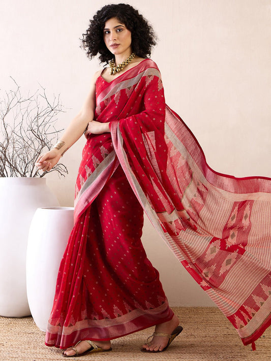 Ready to Wear Cotton Linen Red Printed Saree - Ressa