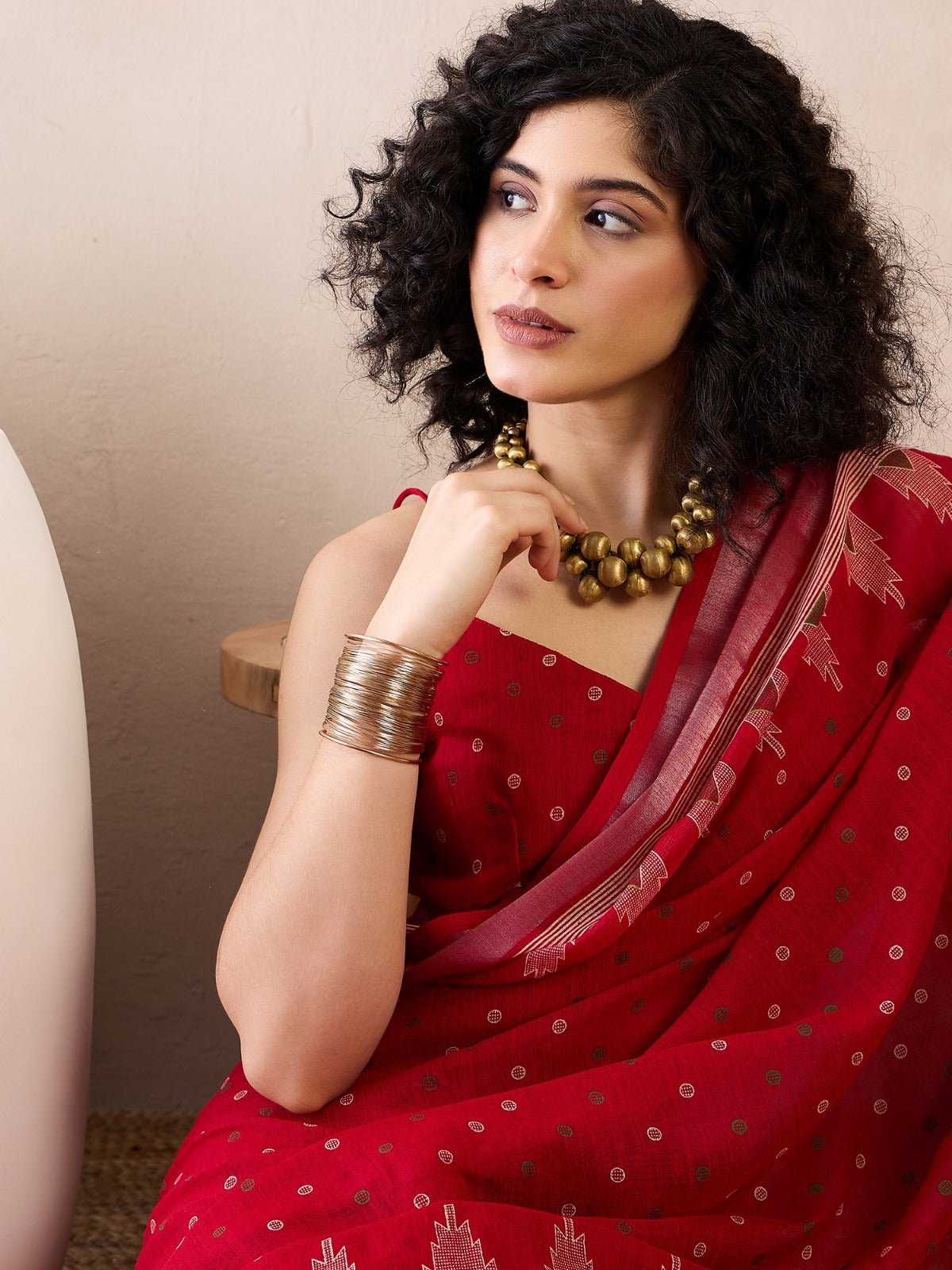 Ready to Wear Cotton Linen Red Printed Saree - Ressa