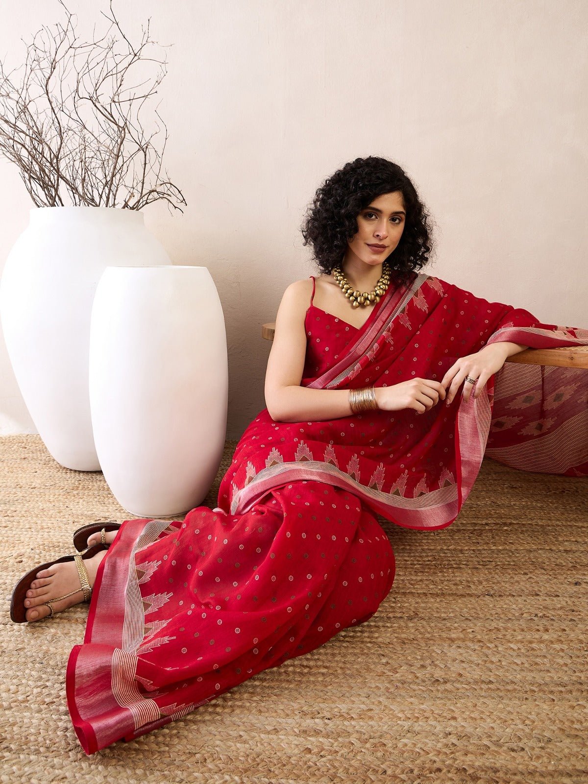 Ready to Wear Cotton Linen Red Printed Saree - Ressa