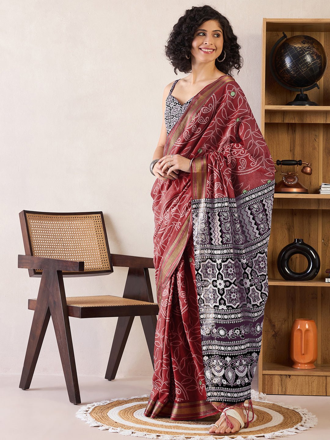 Ready to Wear Deep Burgundy Bandhani Print Cotton Saree - Ressa