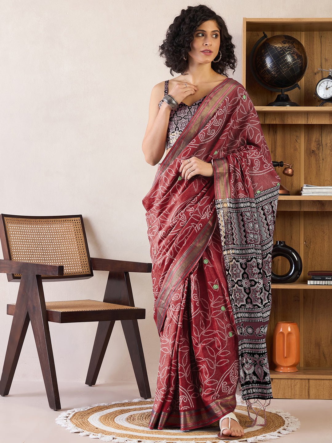 Ready to Wear Deep Burgundy Bandhani Print Cotton Saree - Ressa