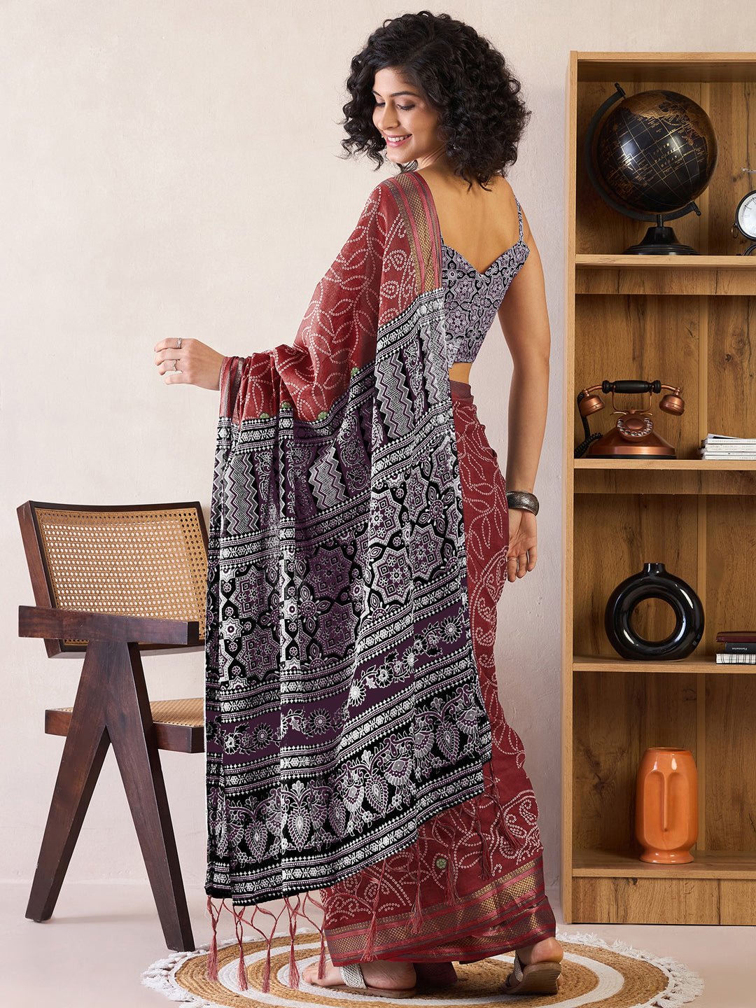 Ready to Wear Deep Burgundy Bandhani Print Cotton Saree - Ressa