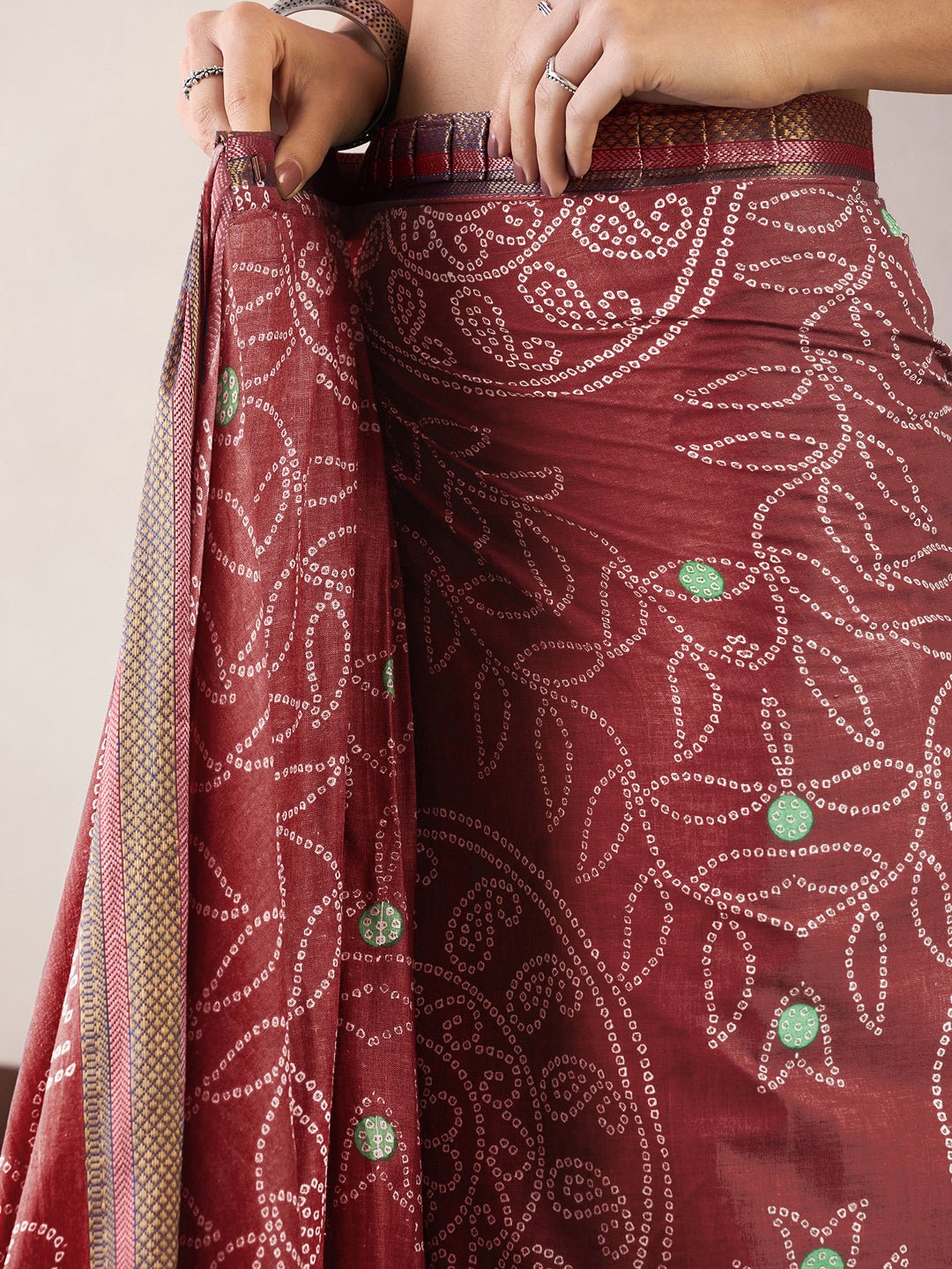 Ready to Wear Deep Burgundy Bandhani Print Cotton Saree - Ressa