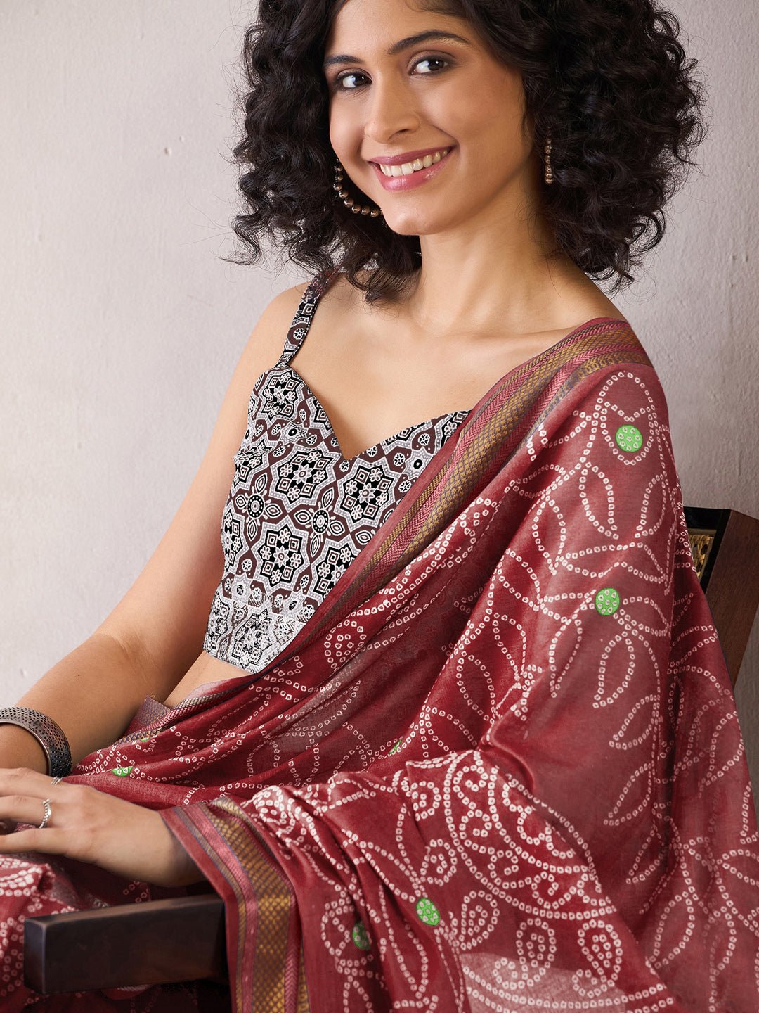 Ready to Wear Deep Burgundy Bandhani Print Cotton Saree - Ressa