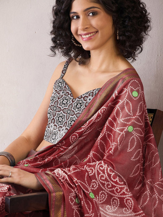 Ready to Wear Deep Burgundy Bandhani Print Cotton Saree - Ressa