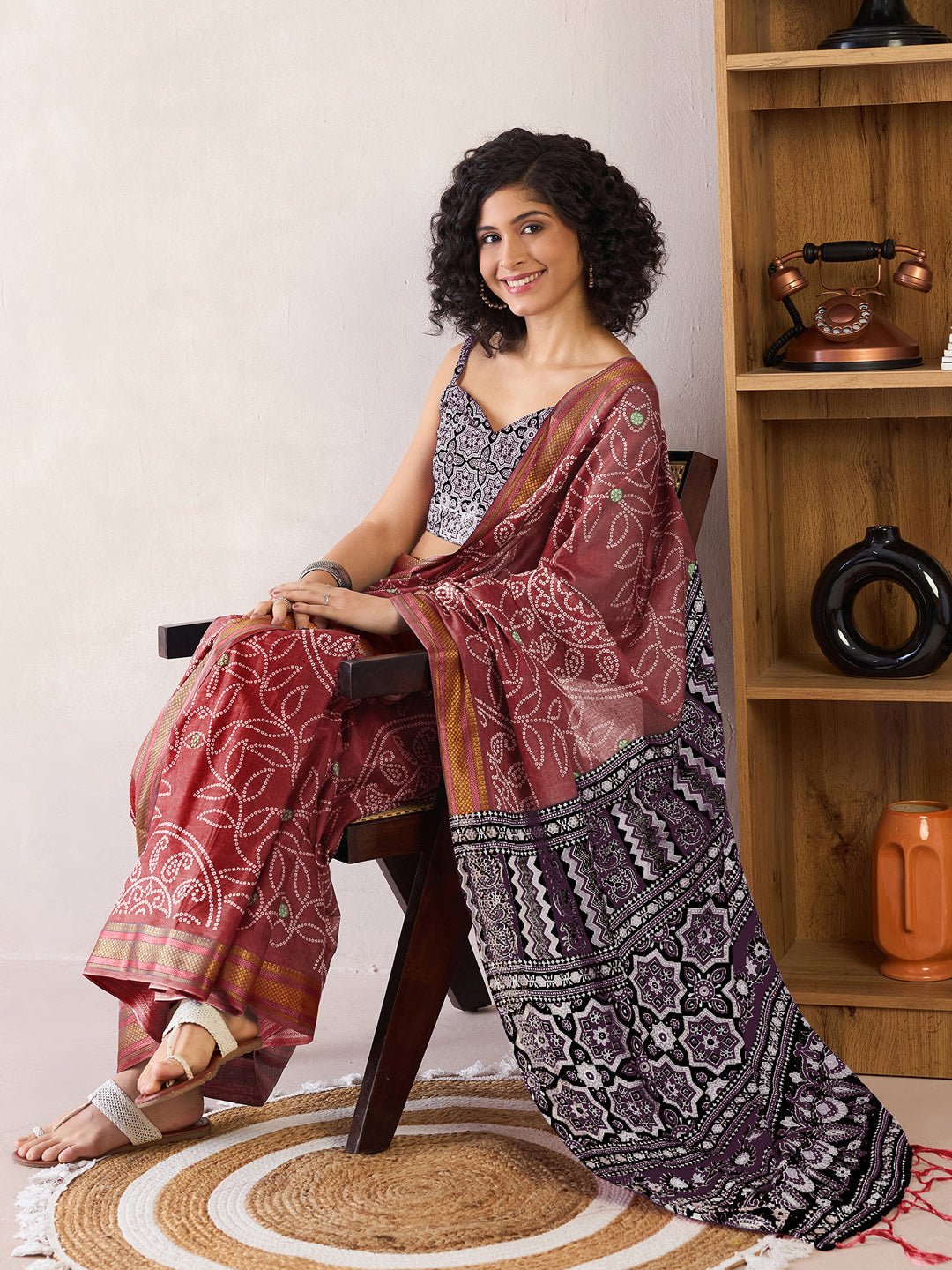 Ready to Wear Deep Burgundy Bandhani Print Cotton Saree - Ressa
