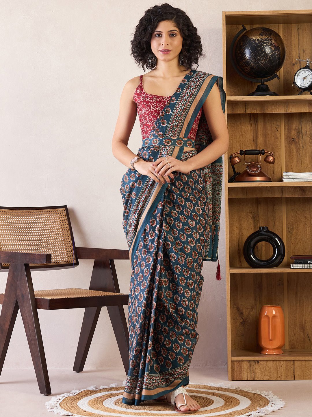 Ready to Wear Deep Teal Ajrakh Cotton Saree - Ressa