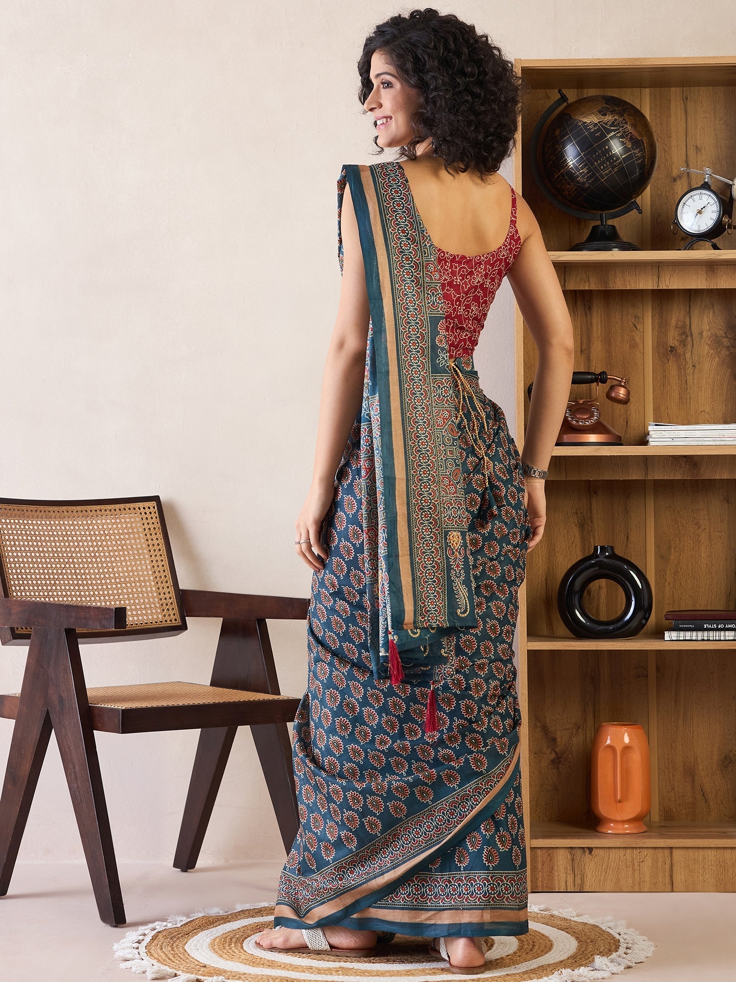 Ready to Wear Deep Teal Ajrakh Cotton Saree - Ressa