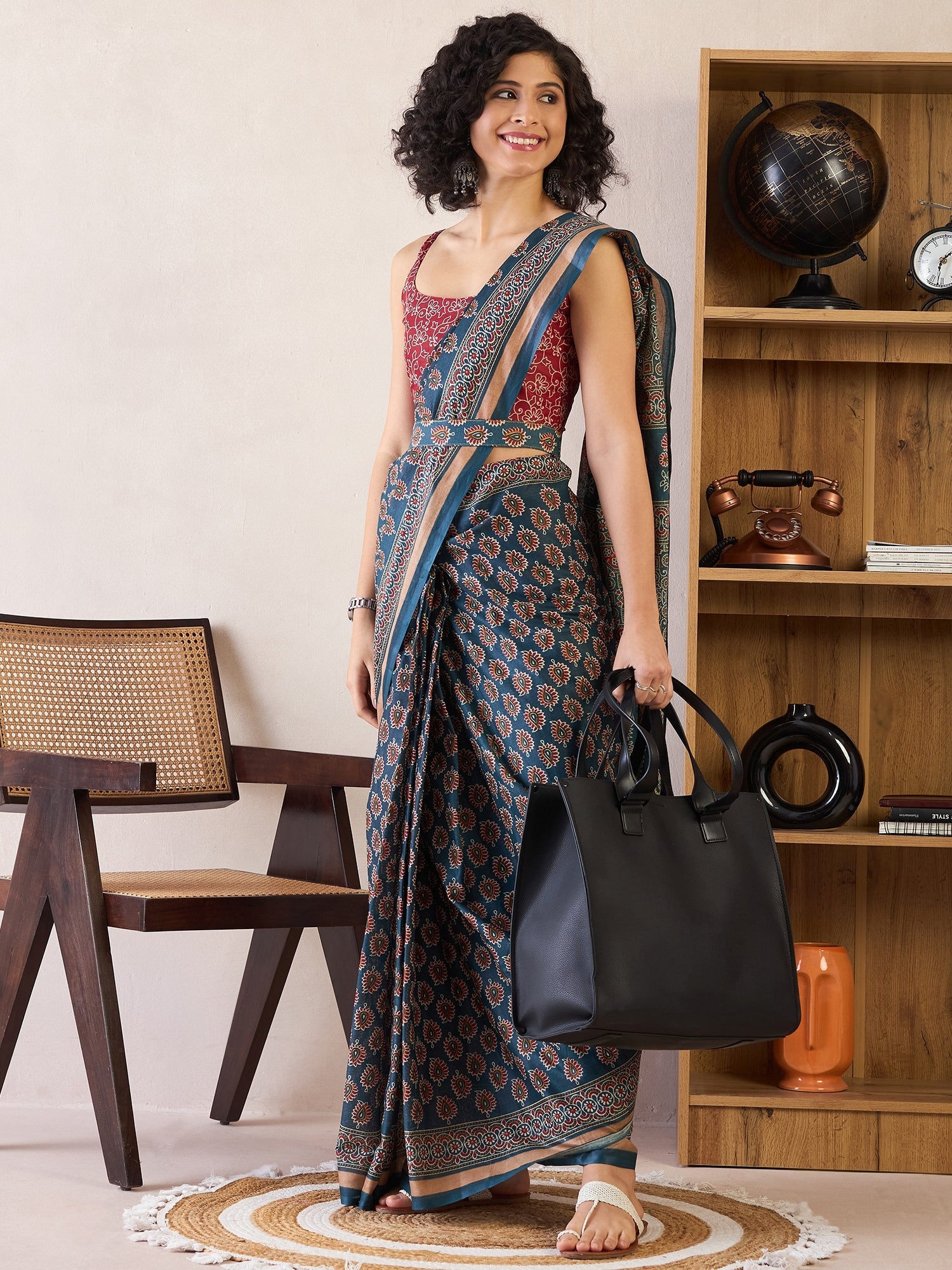 Ready to Wear Deep Teal Ajrakh Cotton Saree - Ressa