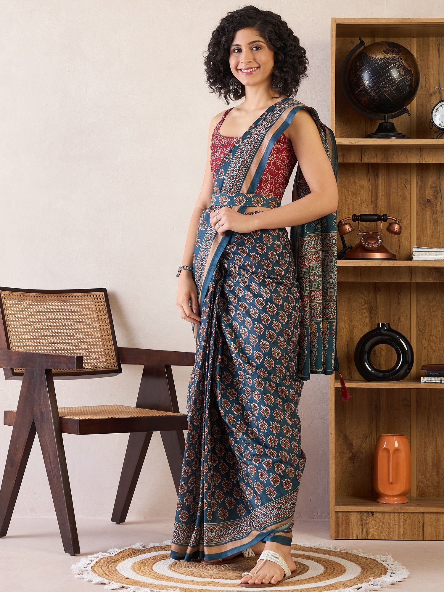 Ready to Wear Deep Teal Ajrakh Cotton Saree - Ressa