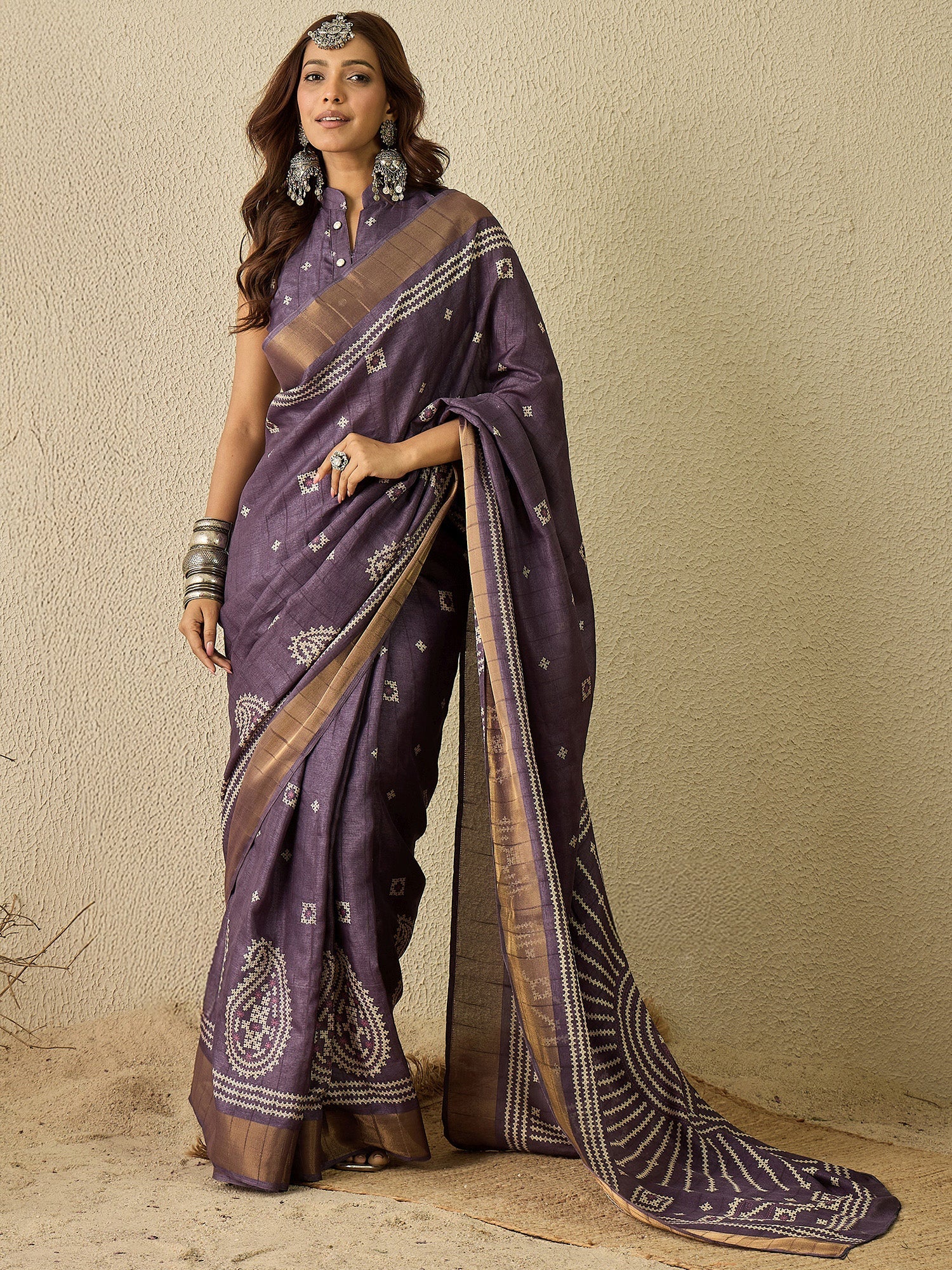 Ready To Wear Deep Wine Silk Kutch Printed Saree - Ressa