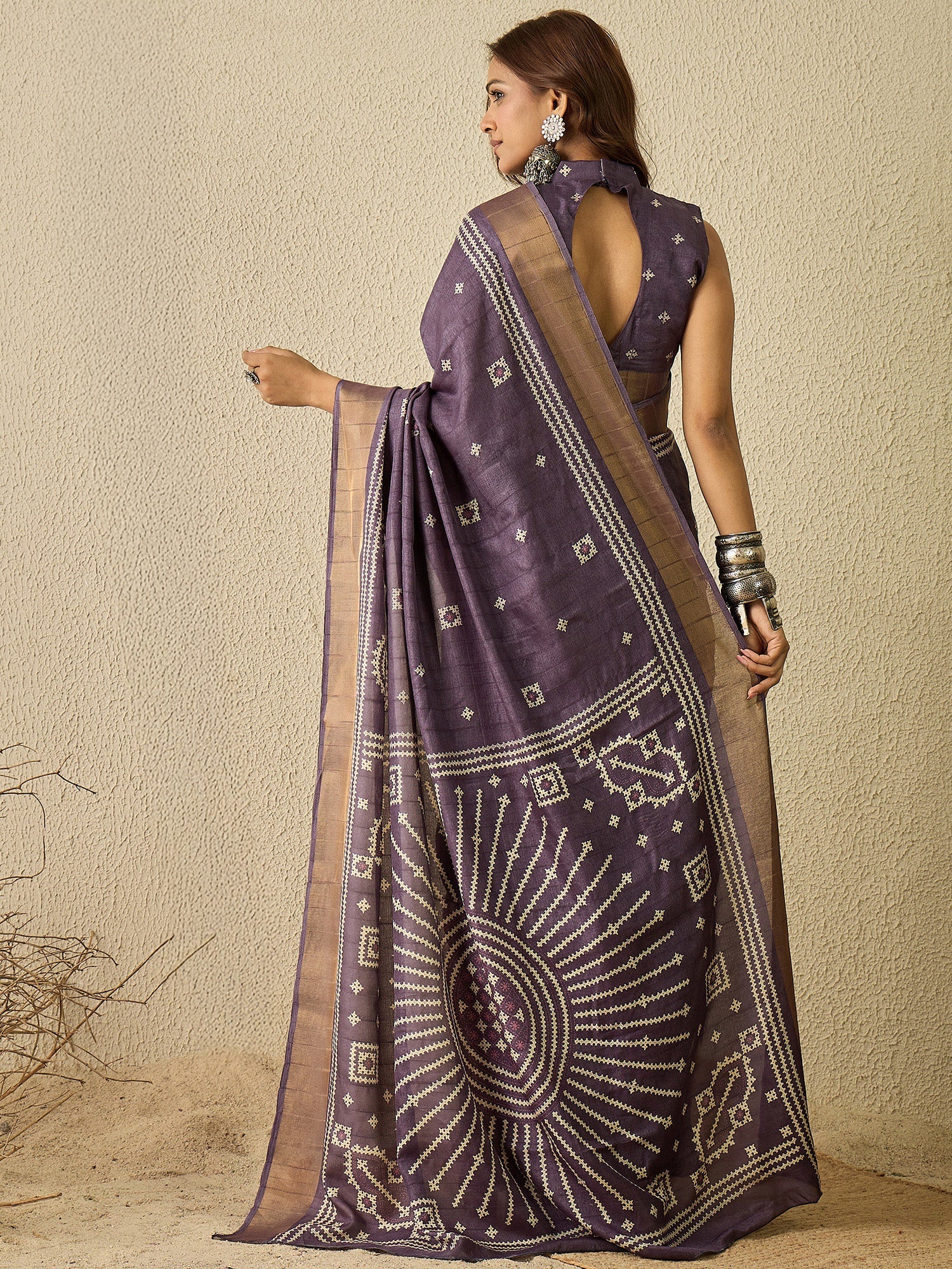 Ready To Wear Deep Wine Silk Kutch Printed Saree - Ressa