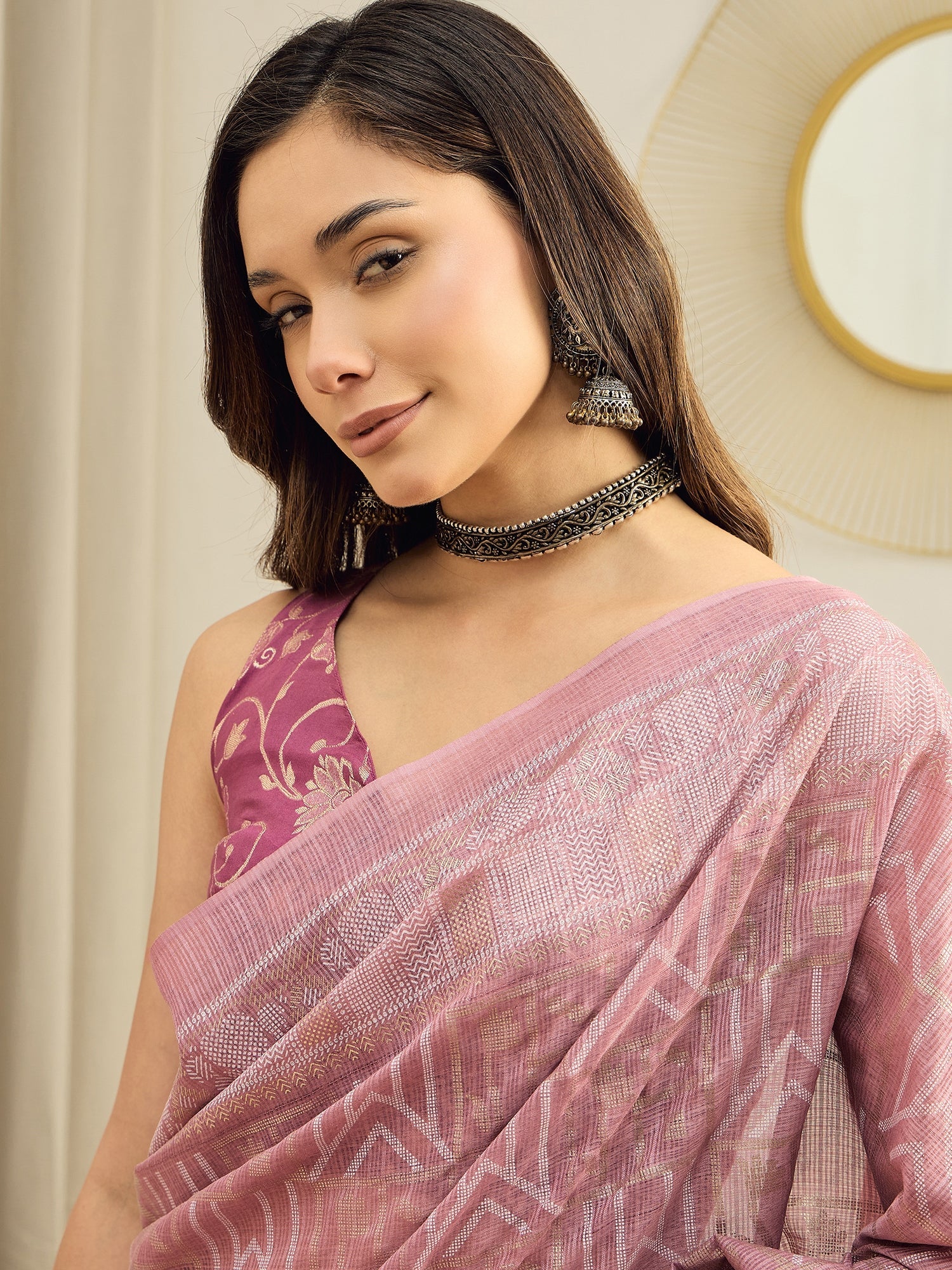 Ready to wear Dusty Mauve Kota Doria Saree - Ressa