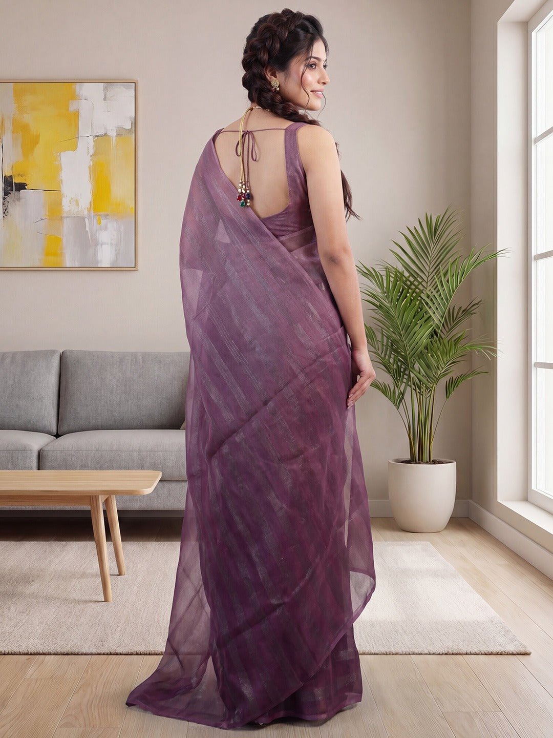 Ready to Wear Dusty Mauve Ombre Tissue Organza Saree - Ressa
