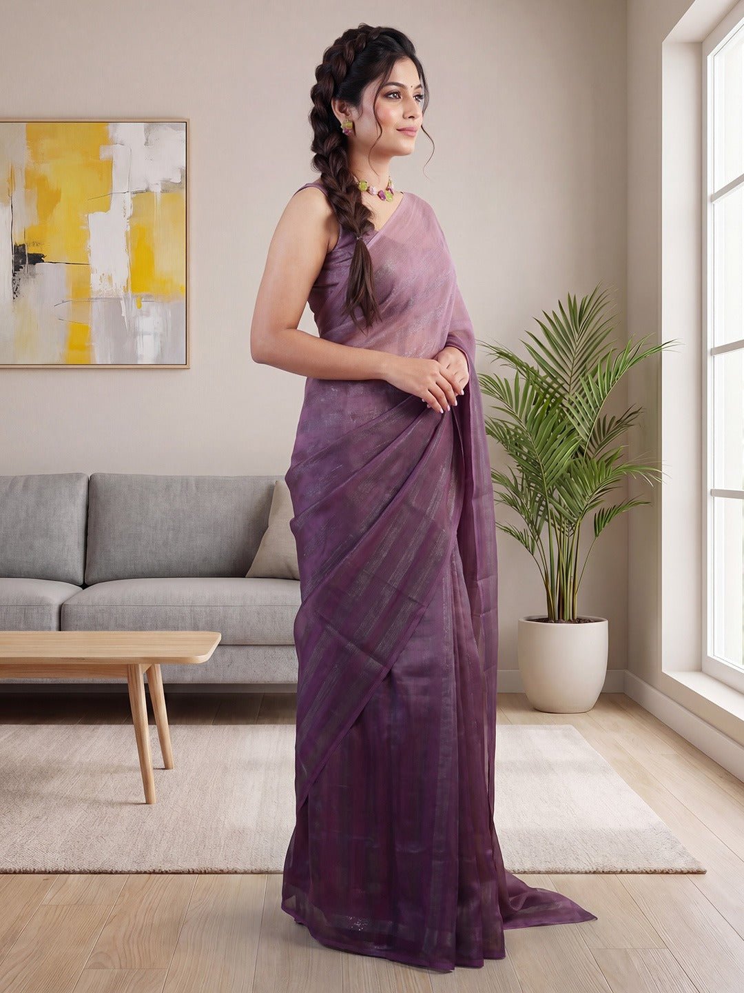Ready to Wear Dusty Mauve Ombre Tissue Organza Saree - Ressa