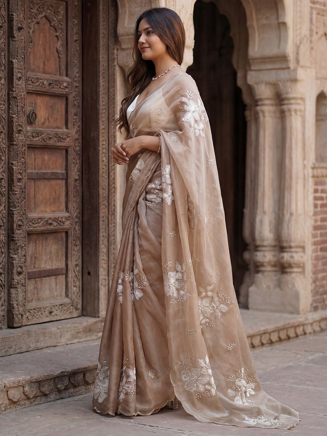 Ready to Wear Elegant Beige Organza Saree - Ressa