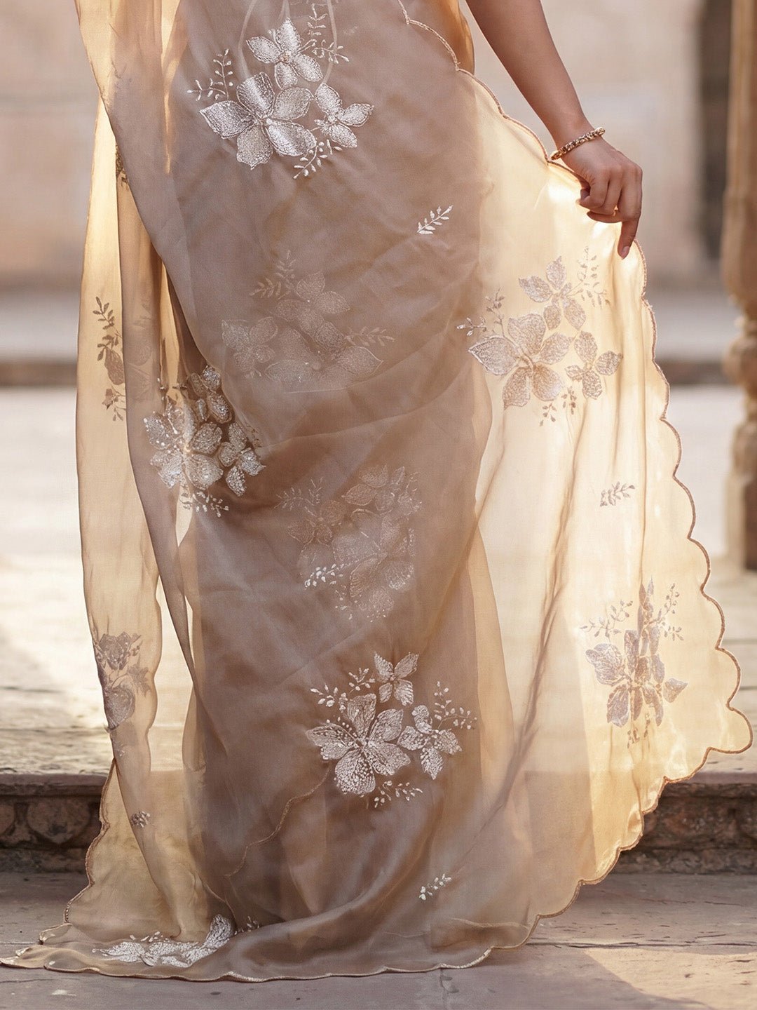 Ready to Wear Elegant Beige Organza Saree - Ressa