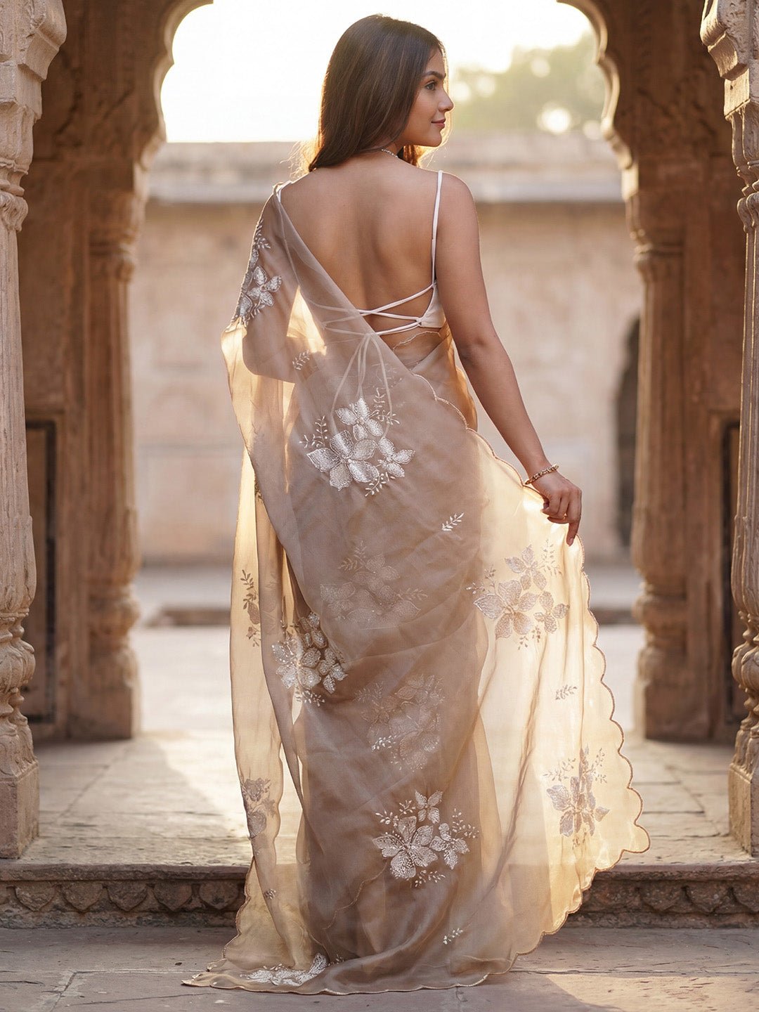 Ready to Wear Elegant Beige Organza Saree - Ressa