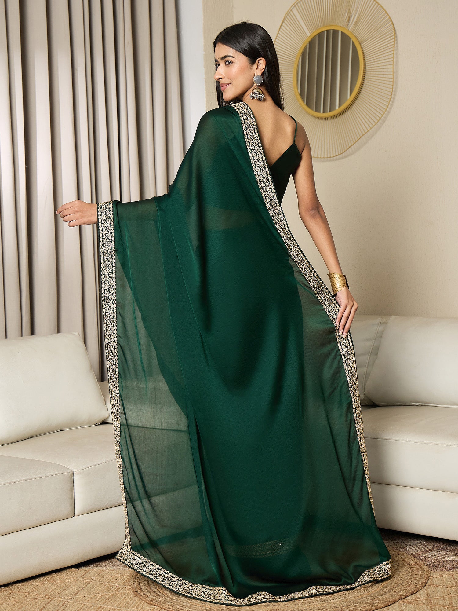 Ready to Wear Emerald Green Satin Saree - Ressa