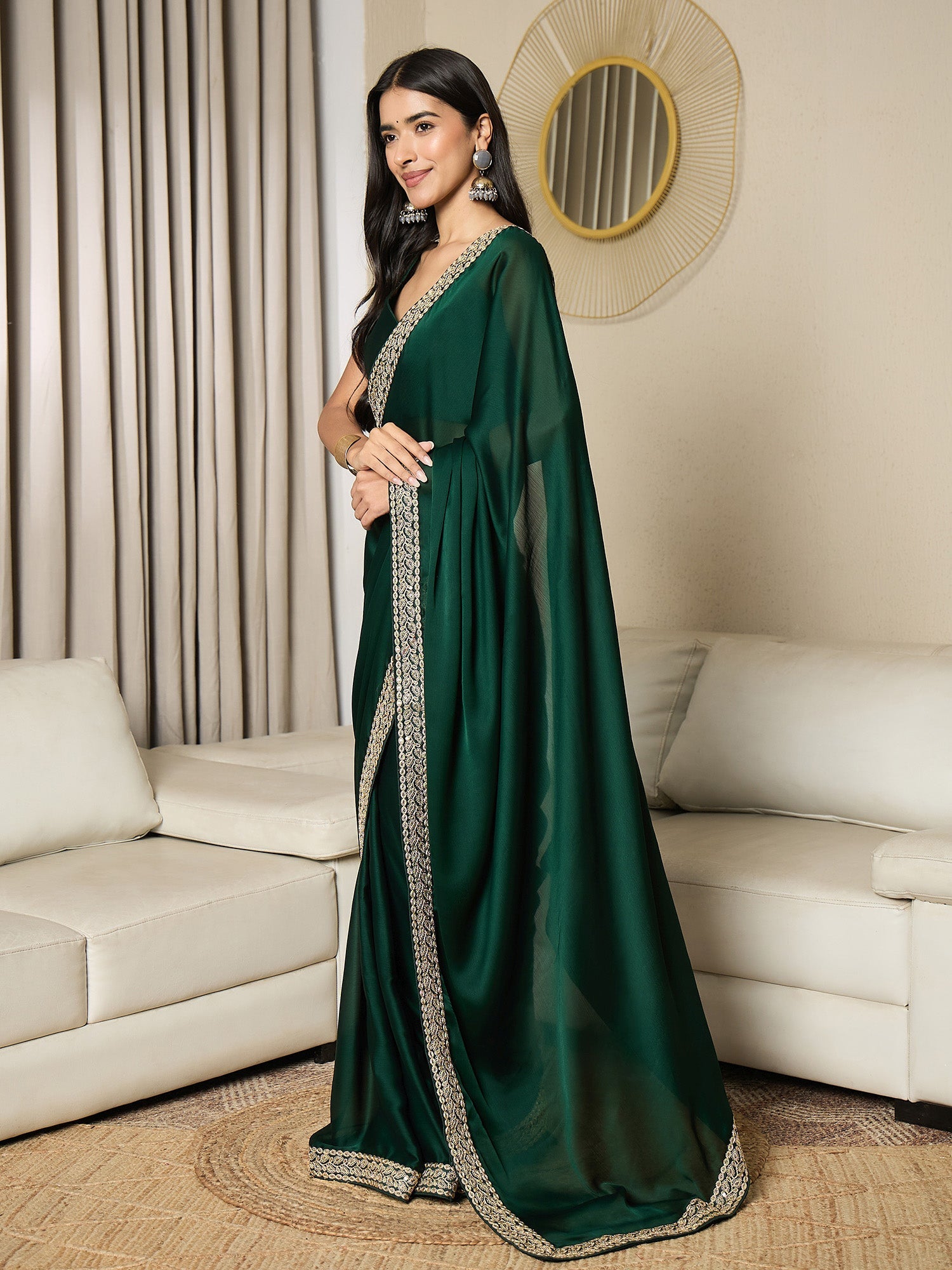 Ready to Wear Emerald Green Satin Saree - Ressa