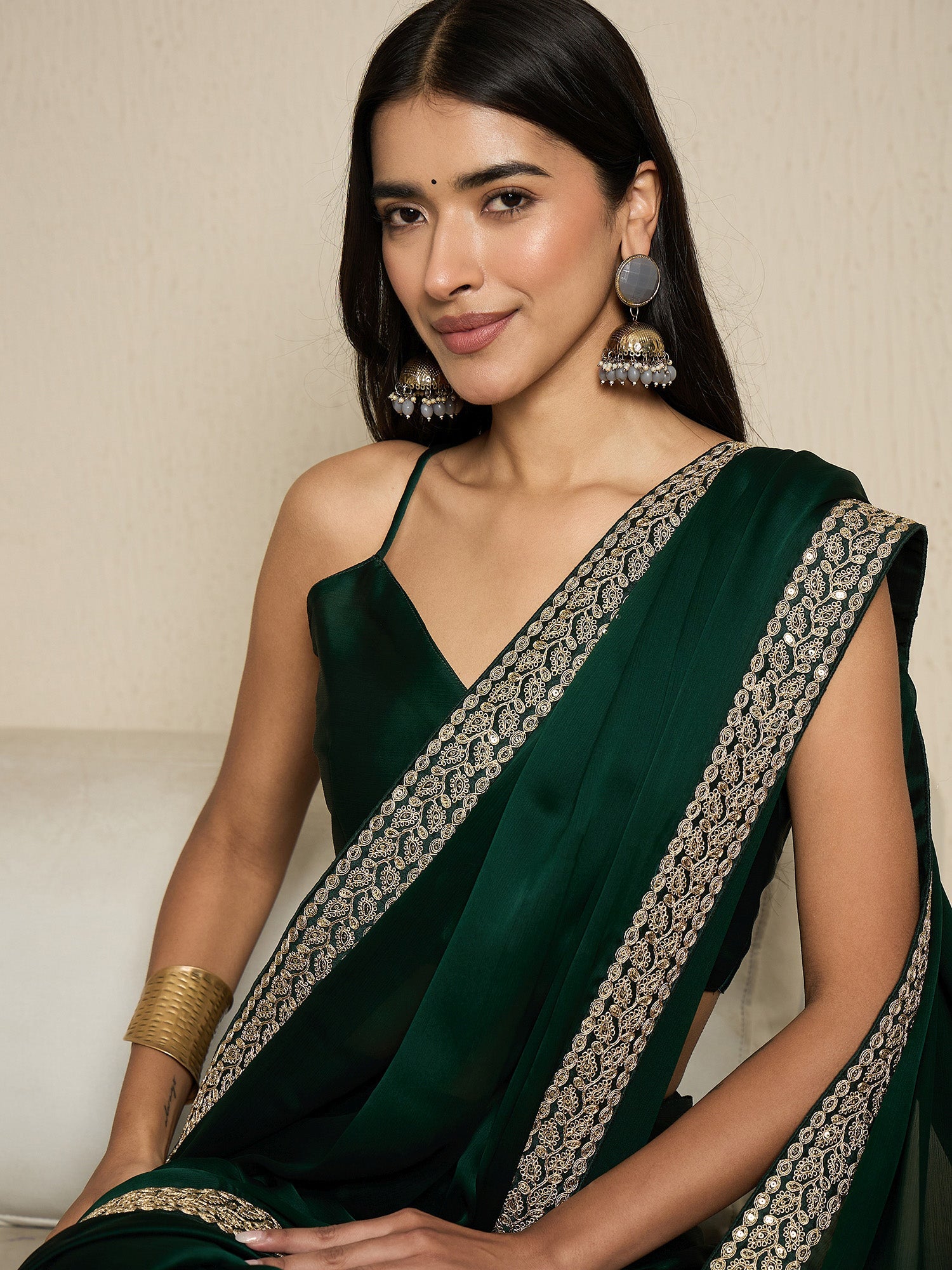 Ready to Wear Emerald Green Satin Saree - Ressa