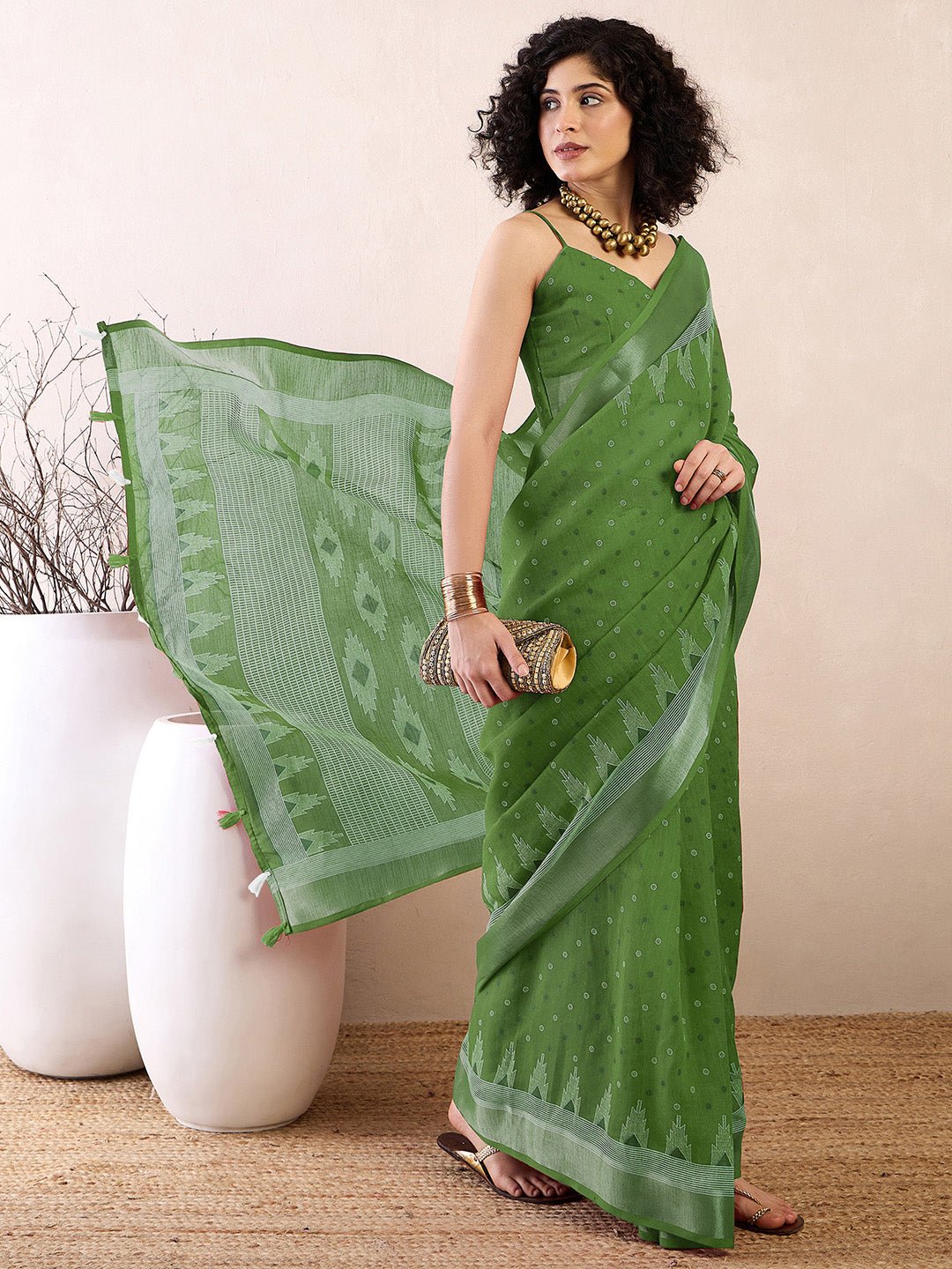 Ready to Wear Forest Green Jamdani Cotton Saree - Ressa
