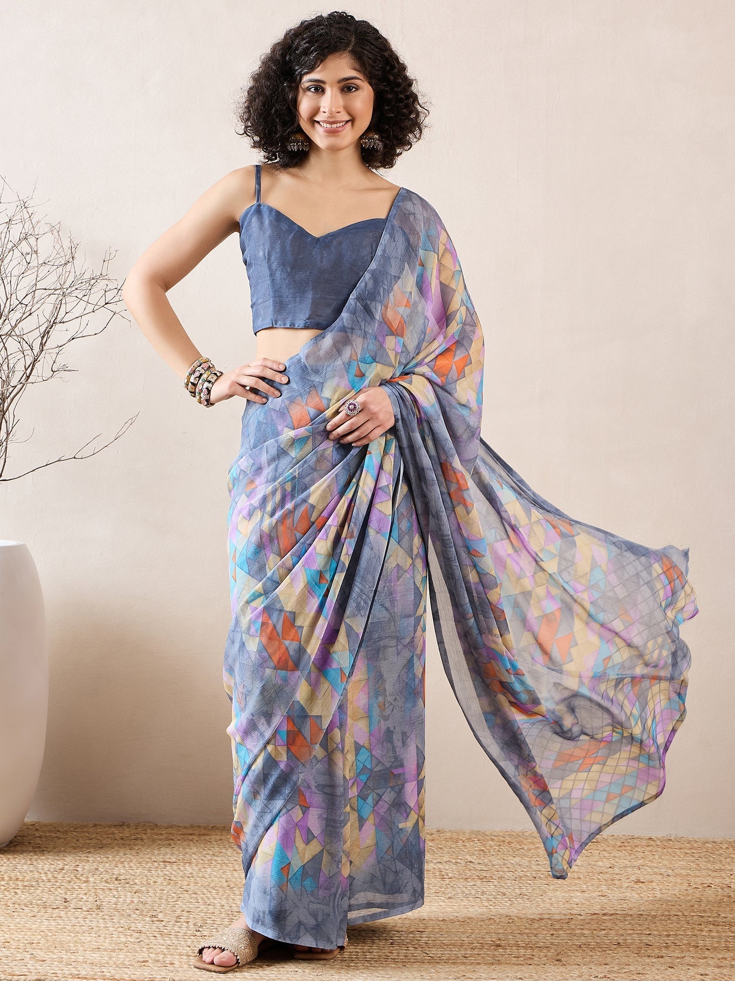 Ready to Wear Geometric Print Chiffon Saree - Ressa